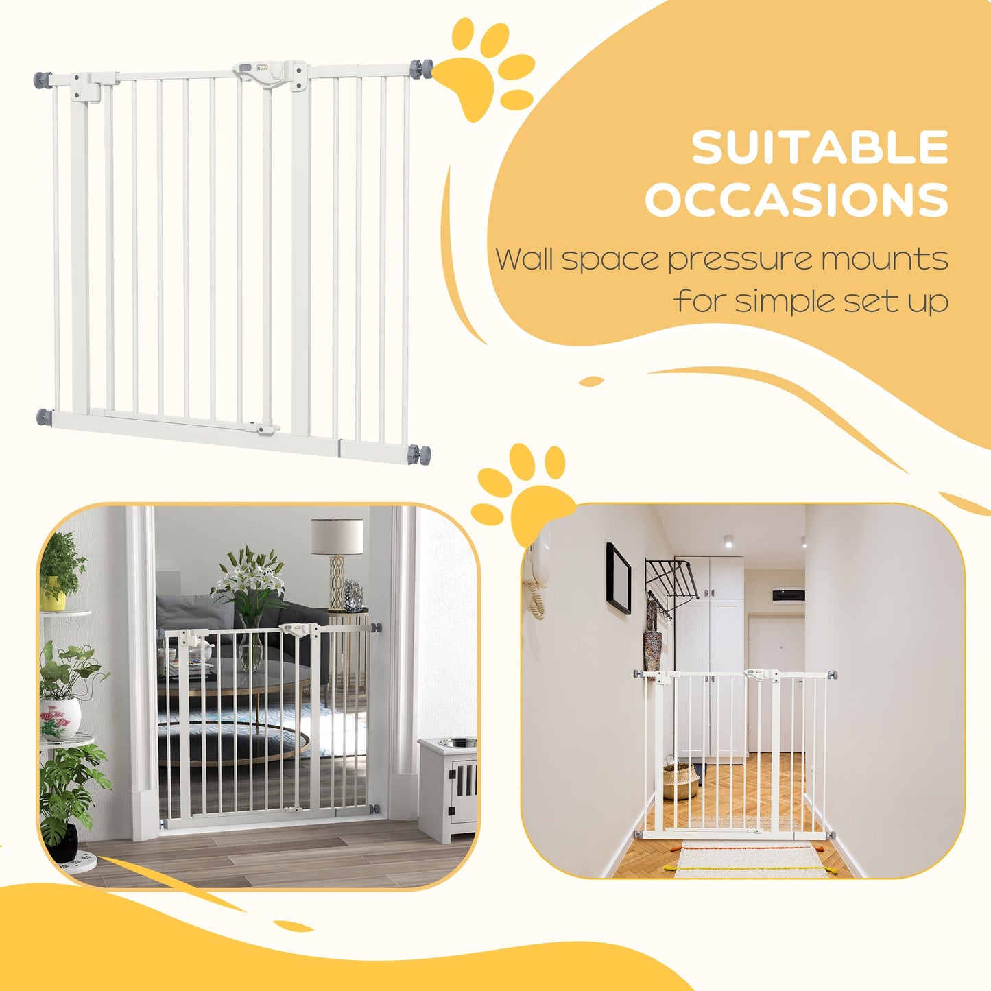 Dog Gate Stair Gate Pressure Fit Pets Barrier Auto Close for Doorway Hallway, 74-94cm Wide Adjustable, White