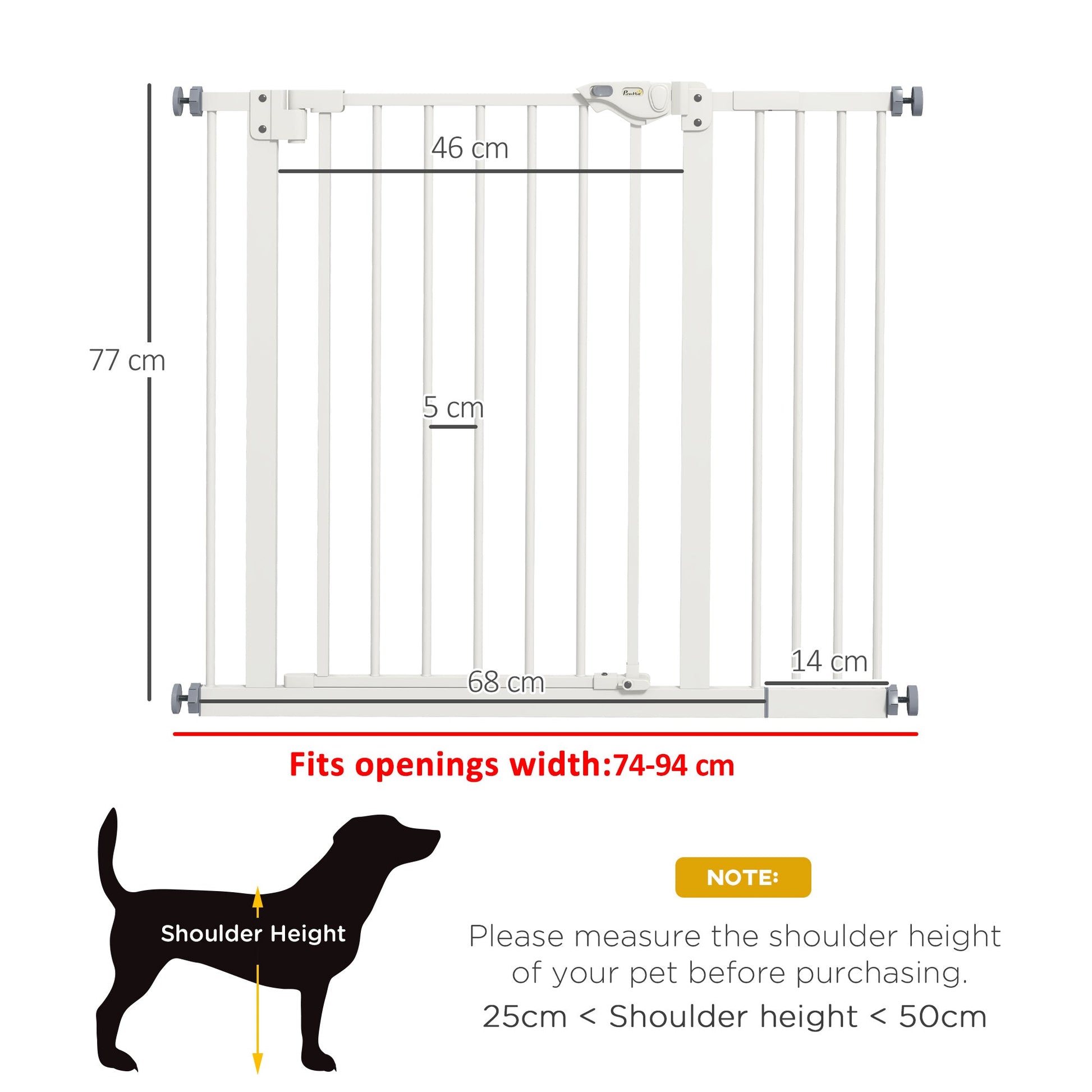 Dog Gate Stair Gate Pressure Fit Pets Barrier Auto Close for Doorway Hallway, 74-94cm Wide Adjustable, White