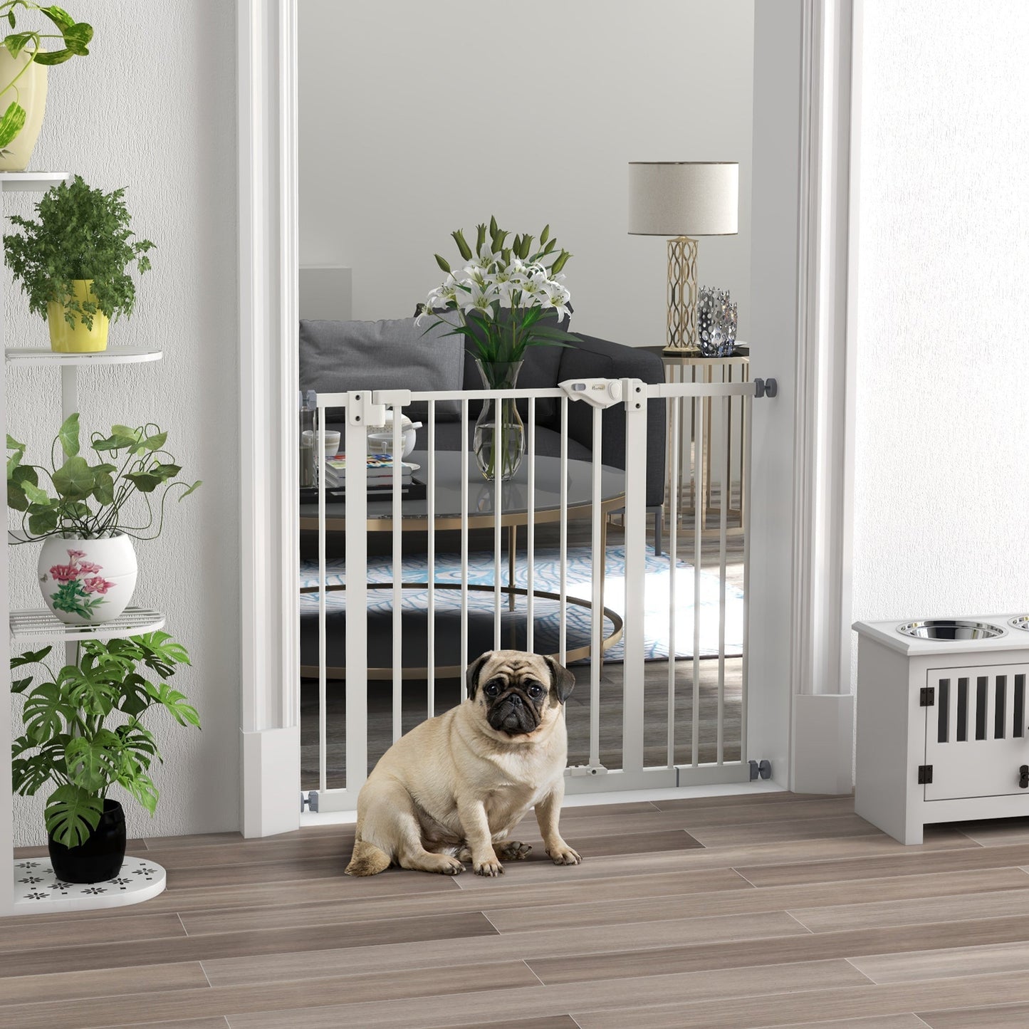 Dog Gate Stair Gate Pressure Fit Pets Barrier Auto Close for Doorway Hallway, 74-94cm Wide Adjustable, White