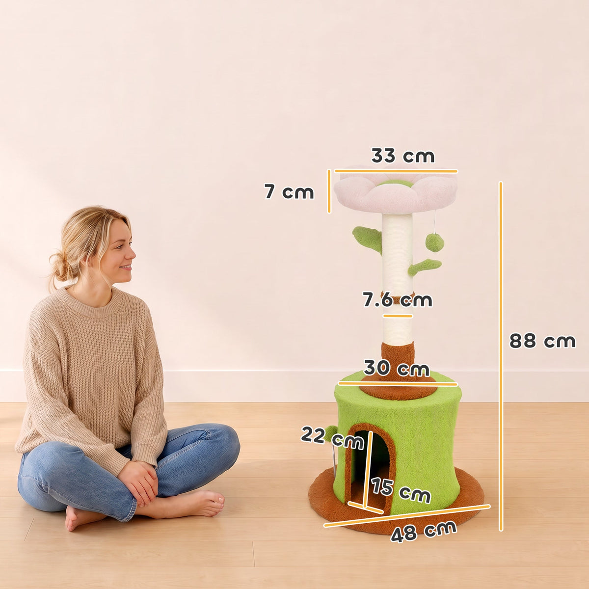 Cat Tree for Indoor Kittens, 88cm Flower Cat Tower with Condo & Bed, Scratching Post, 2 Toy Balls and 2 Crinkle Leaves, Kitty Activity Centre for Playing and Resting