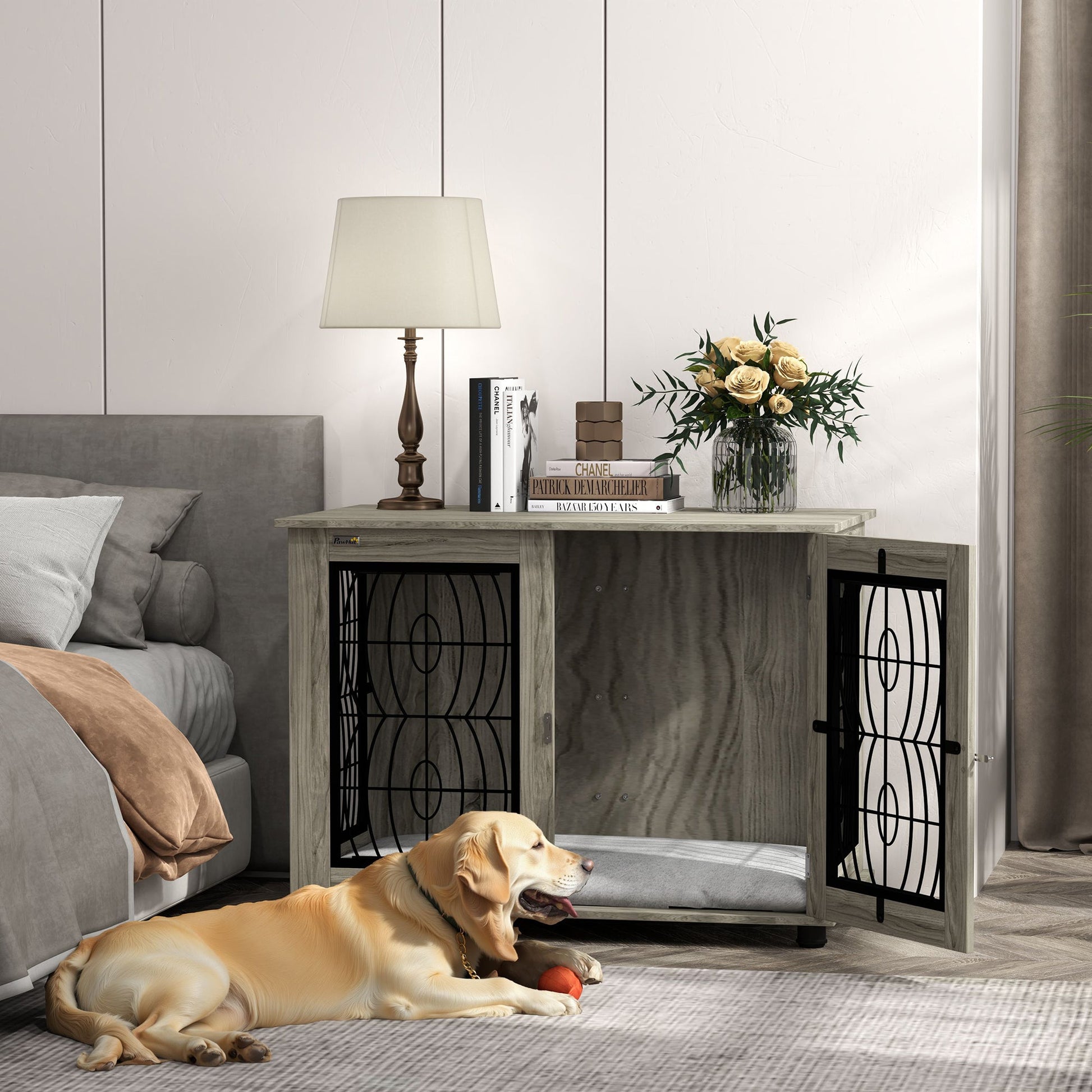Dog Crate Furniture, Dog Cage with Soft Washable Cushion, Furniture-Style Pet Kennel Indoor House End Side Table for Small Medium Large Breeds, 100 x 60 x 73.5 cm, Grey