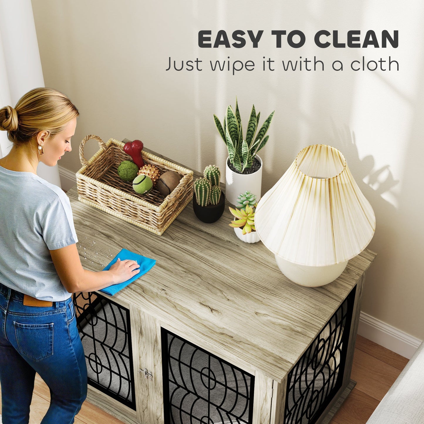 Dog Crate Furniture, Dog Cage with Soft Washable Cushion, Furniture-Style Pet Kennel Indoor House End Side Table for Small Medium Large Breeds, 100 x 60 x 73.5 cm, Grey