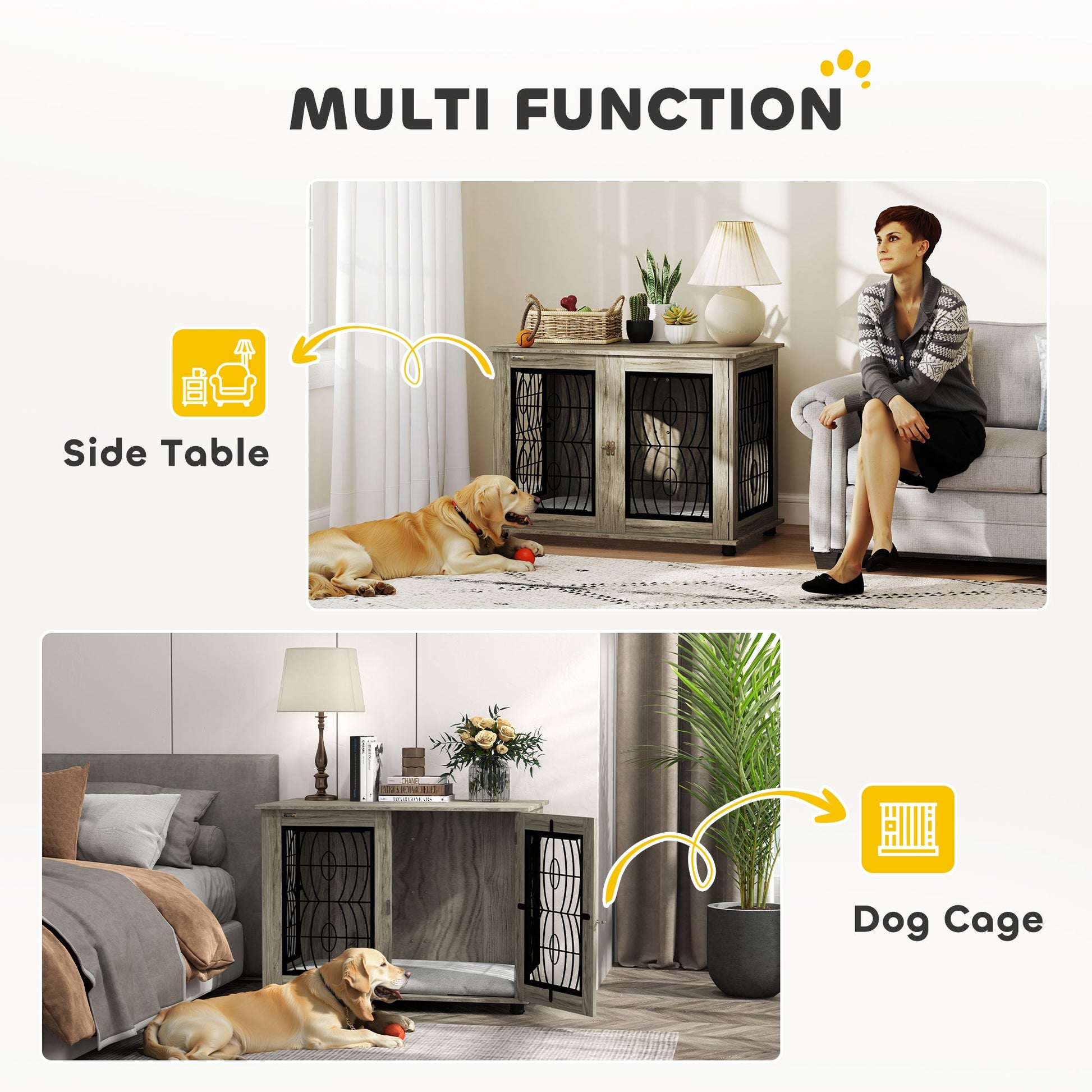 Dog Crate Furniture, Dog Cage with Soft Washable Cushion, Furniture-Style Pet Kennel Indoor House End Side Table for Small Medium Large Breeds, 100 x 60 x 73.5 cm, Grey