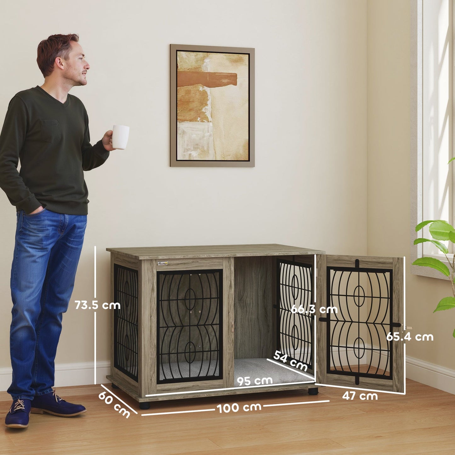Dog Crate Furniture, Dog Cage with Soft Washable Cushion, Furniture-Style Pet Kennel Indoor House End Side Table for Small Medium Large Breeds, 100 x 60 x 73.5 cm, Grey
