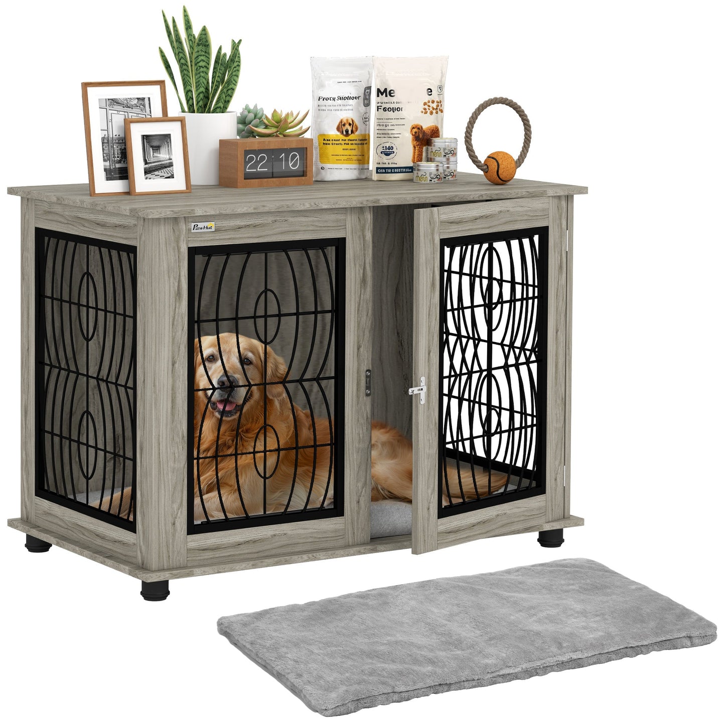 Dog Crate Furniture, Dog Cage with Soft Washable Cushion, Furniture-Style Pet Kennel Indoor House End Side Table for Small Medium Large Breeds, 100 x 60 x 73.5 cm, Grey