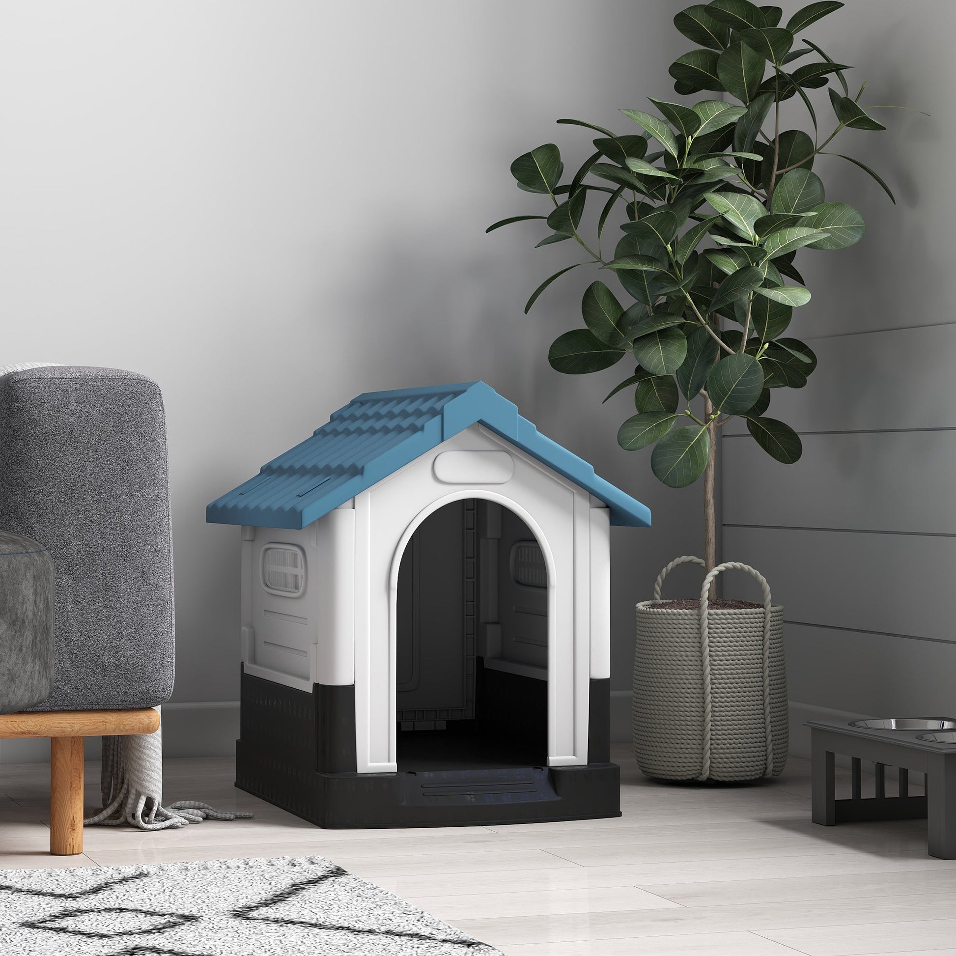 Dog Kennel for Outside, Plastic Dog House, Water-Resistant Pet Shelter with Windows, for Garden Patio, Miniature Dogs, 64.5 x 57 x 66cm - Blue