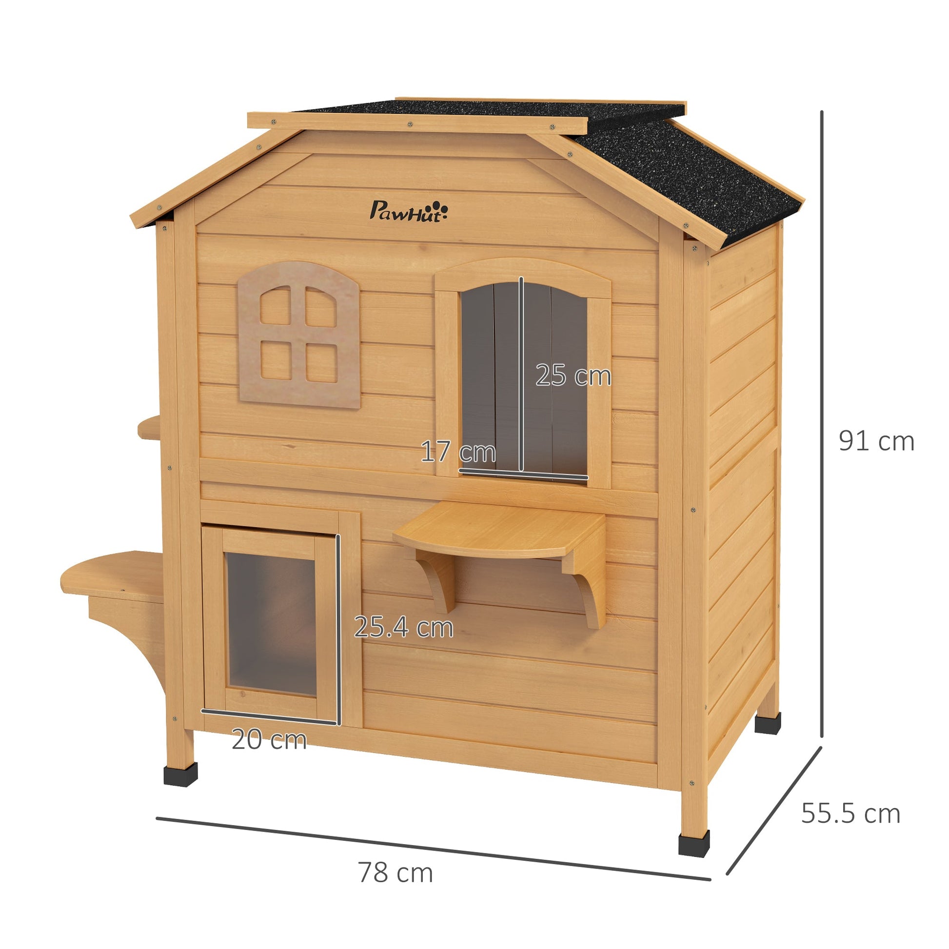  2-story Cat House Outdoor, Weatherproof Wooden Cat Enclosure for Feral Cats with Escape Door, Openable Roof, Jumping Platforms, Natural Wood Finish
