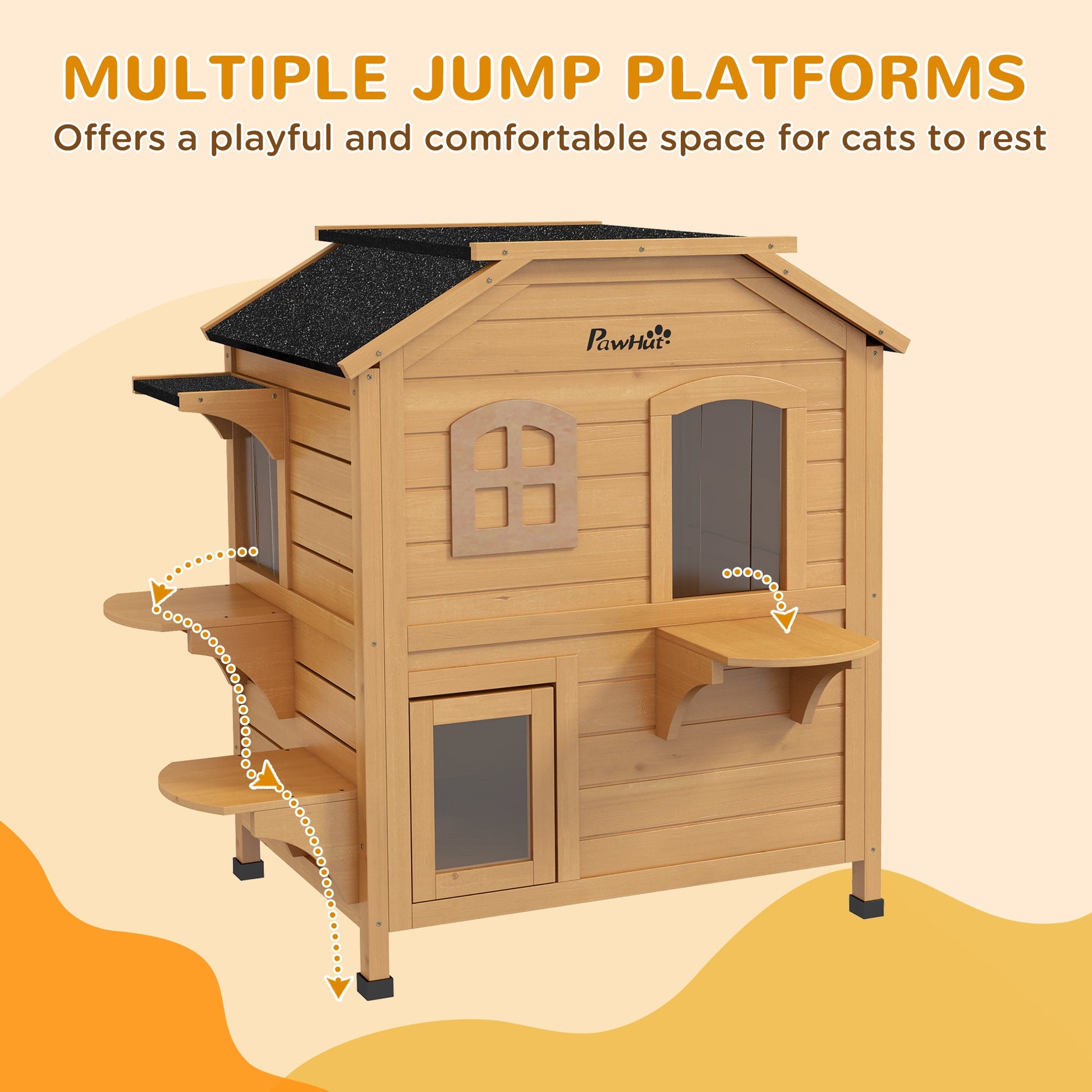  2-story Cat House Outdoor, Weatherproof Wooden Cat Enclosure for Feral Cats with Escape Door, Openable Roof, Jumping Platforms, Natural Wood Finish