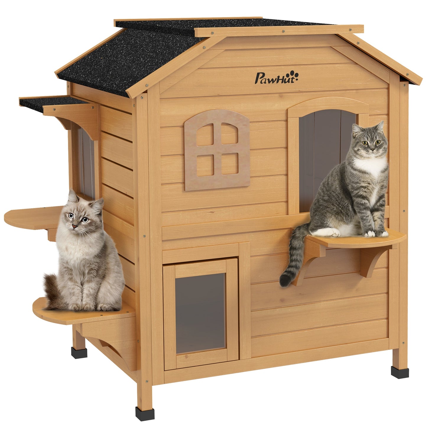  2-story Cat House Outdoor, Weatherproof Wooden Cat Enclosure for Feral Cats with Escape Door, Openable Roof, Jumping Platforms, Natural Wood Finish