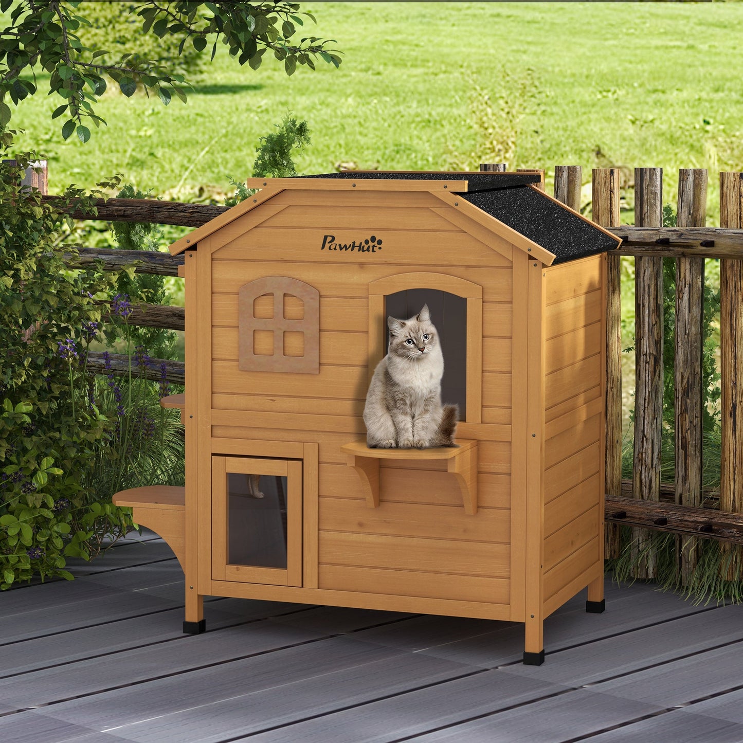  2-story Cat House Outdoor, Weatherproof Wooden Cat Enclosure for Feral Cats with Escape Door, Openable Roof, Jumping Platforms, Natural Wood Finish