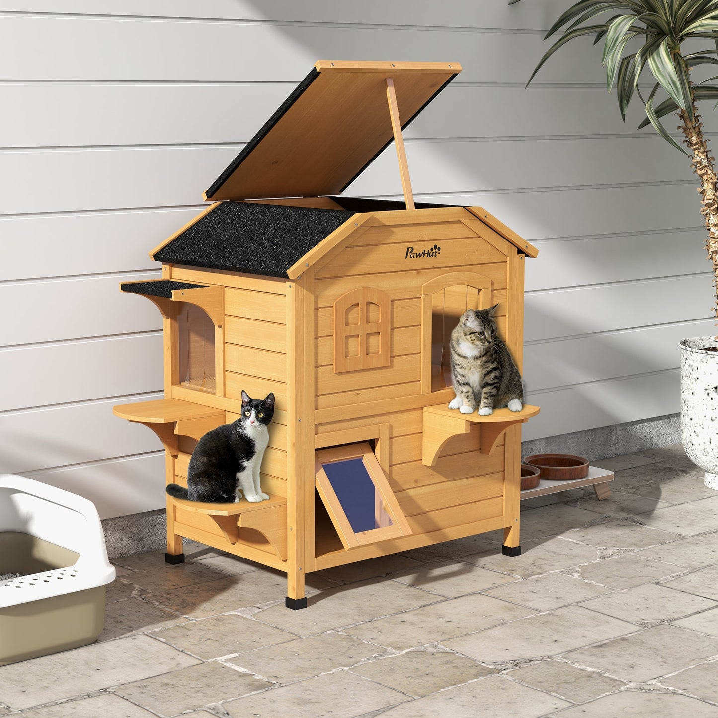  2-story Cat House Outdoor, Weatherproof Wooden Cat Enclosure for Feral Cats with Escape Door, Openable Roof, Jumping Platforms, Natural Wood Finish