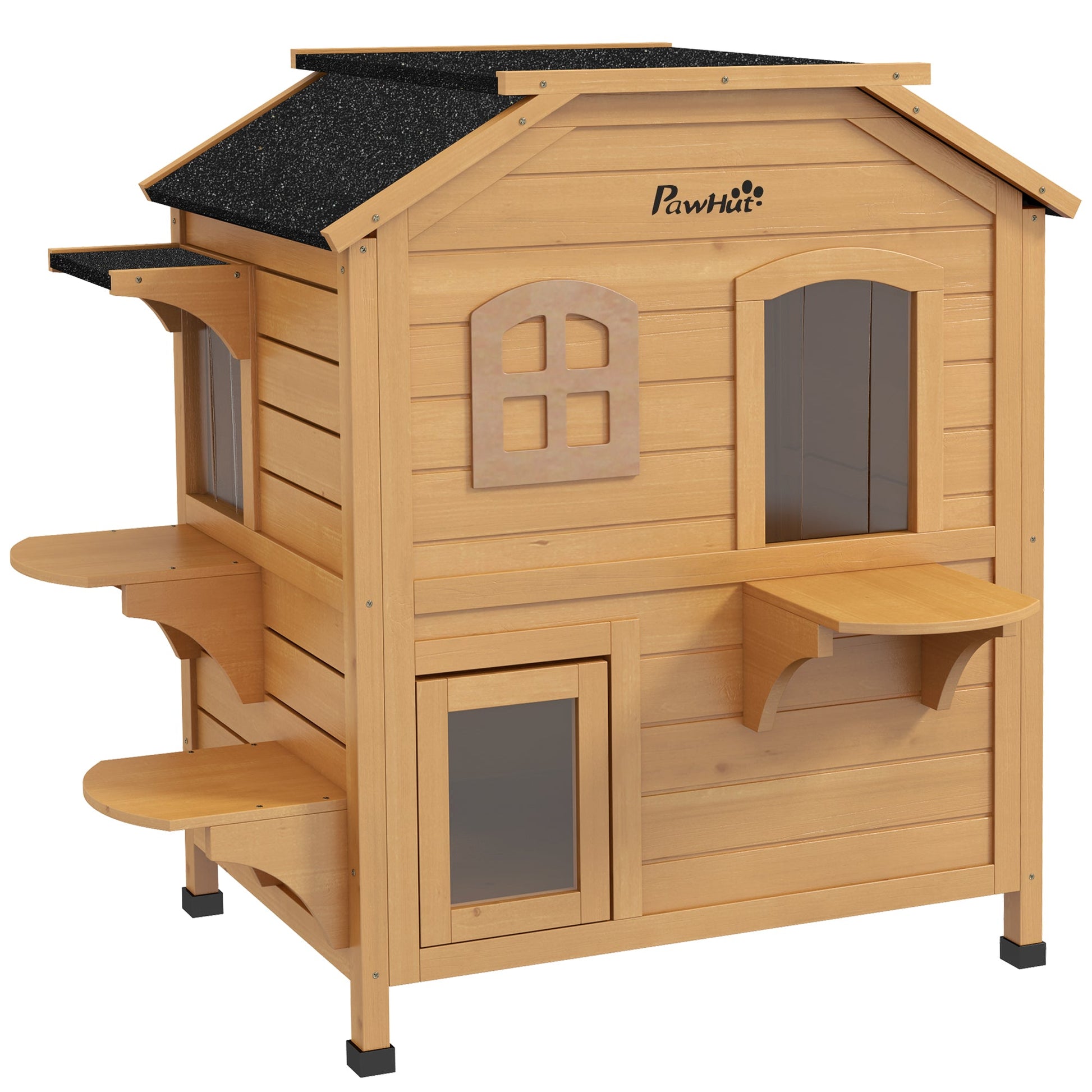  2-story Cat House Outdoor, Weatherproof Wooden Cat Enclosure for Feral Cats with Escape Door, Openable Roof, Jumping Platforms, Natural Wood Finish