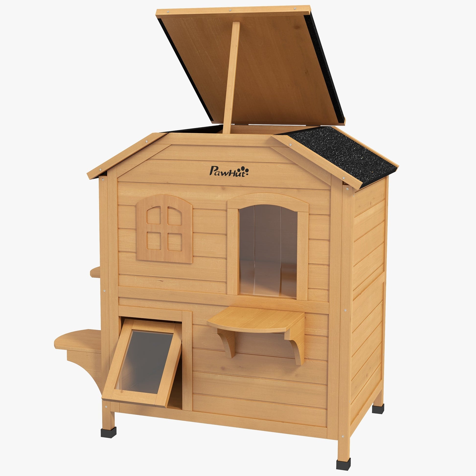  2-story Cat House Outdoor, Weatherproof Wooden Cat Enclosure for Feral Cats with Escape Door, Openable Roof, Jumping Platforms, Natural Wood Finish