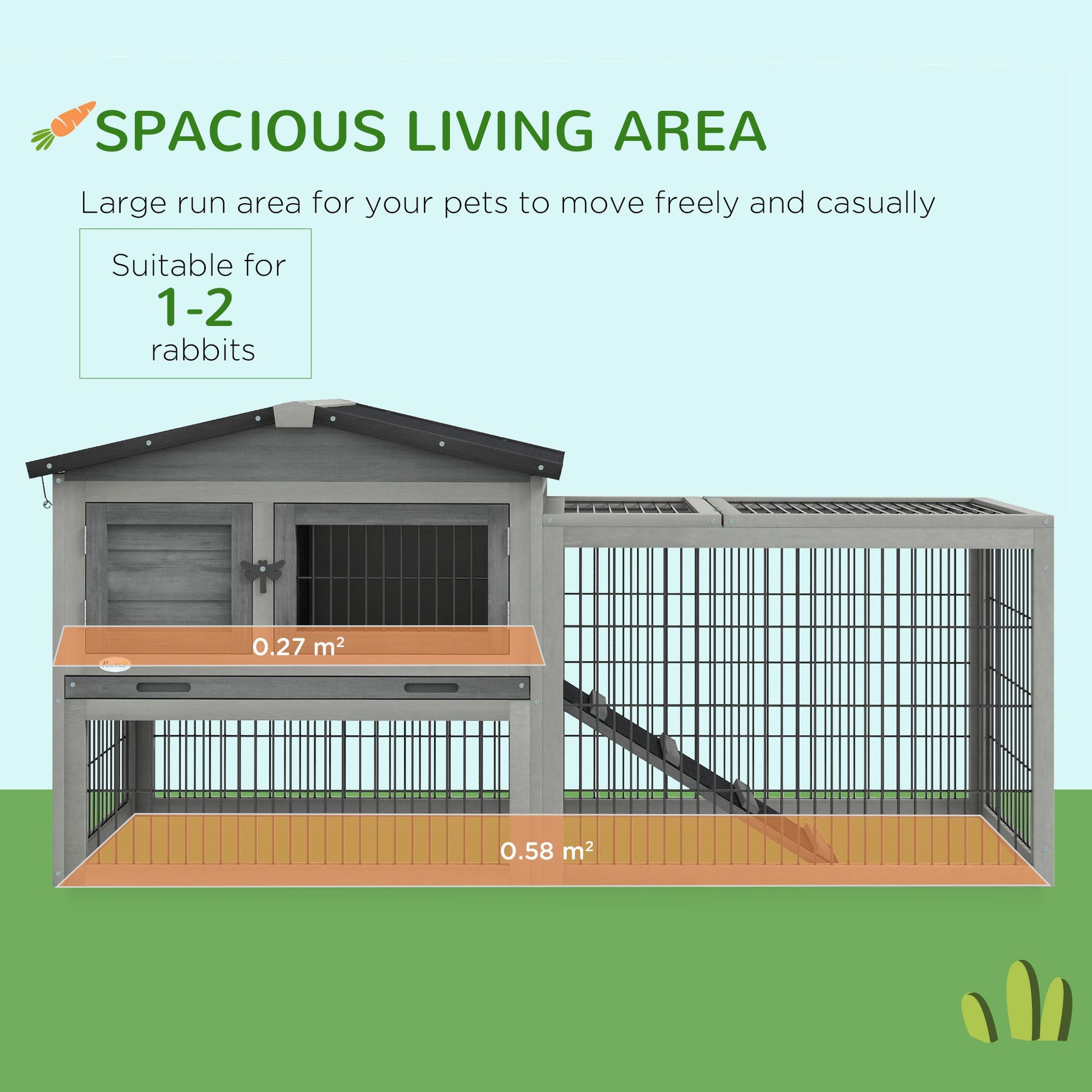 Rabbit Hutch Outdoor, Wooden Guinea Pig Hutch with Run, Openable Roof, Pull-Out Tray, Ramp for 1-2 Rabbits, 150 x 52.5 x 68 cm, Grey