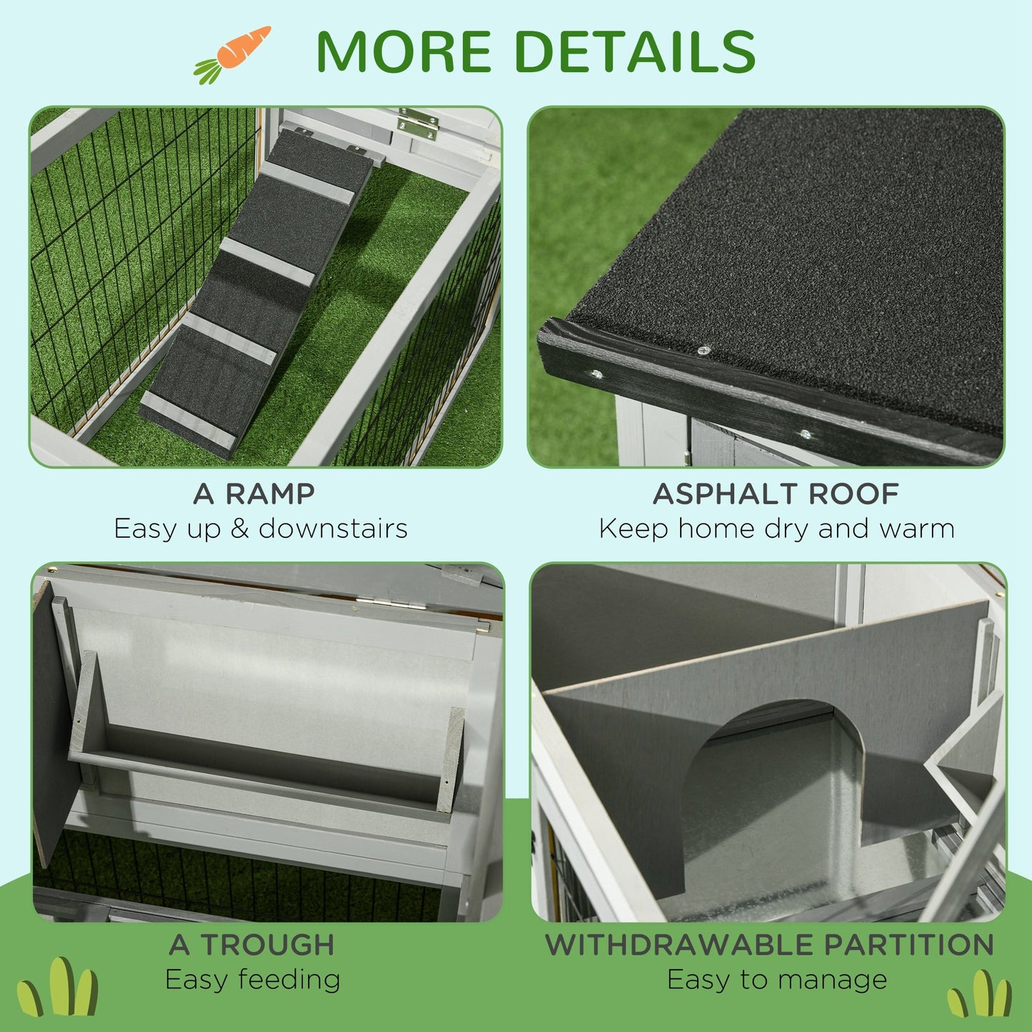 Rabbit Hutch Outdoor, Wooden Guinea Pig Hutch with Run, Openable Roof, Pull-Out Tray, Ramp for 1-2 Rabbits, 150 x 52.5 x 68 cm, Grey