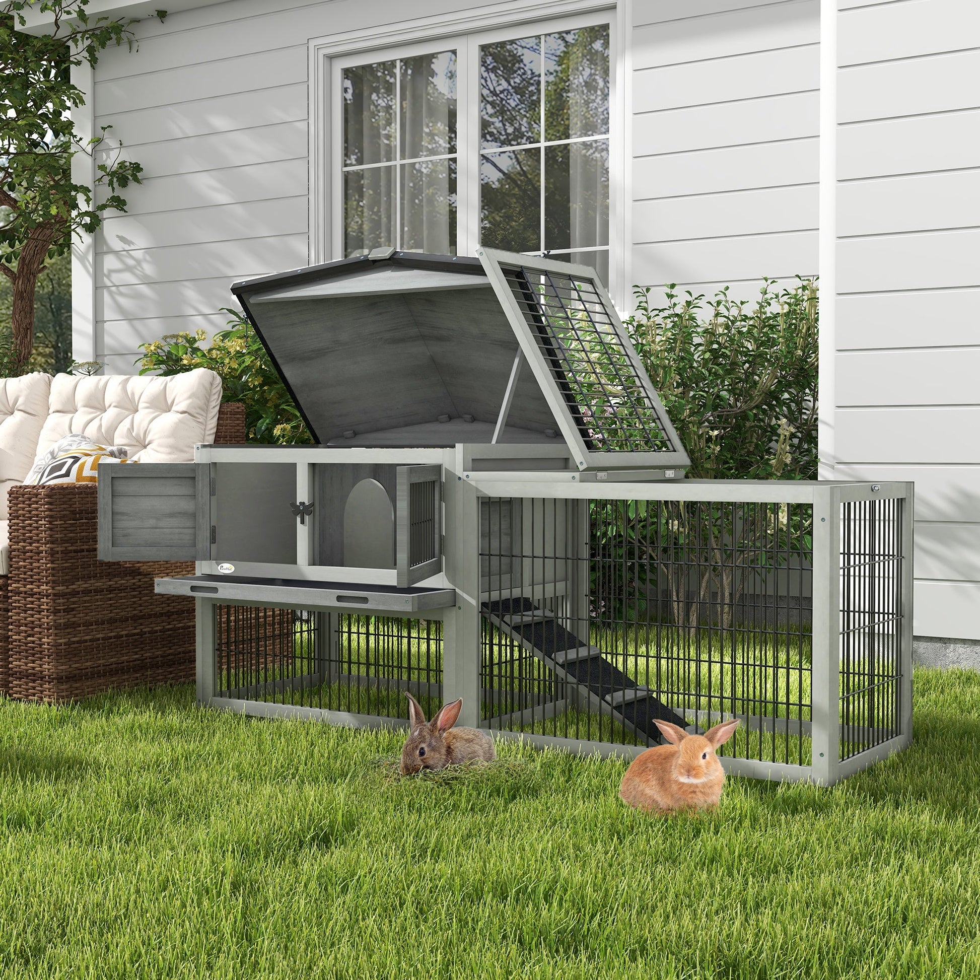Rabbit Hutch Outdoor, Wooden Guinea Pig Hutch with Run, Openable Roof, Pull-Out Tray, Ramp for 1-2 Rabbits, 150 x 52.5 x 68 cm, Grey
