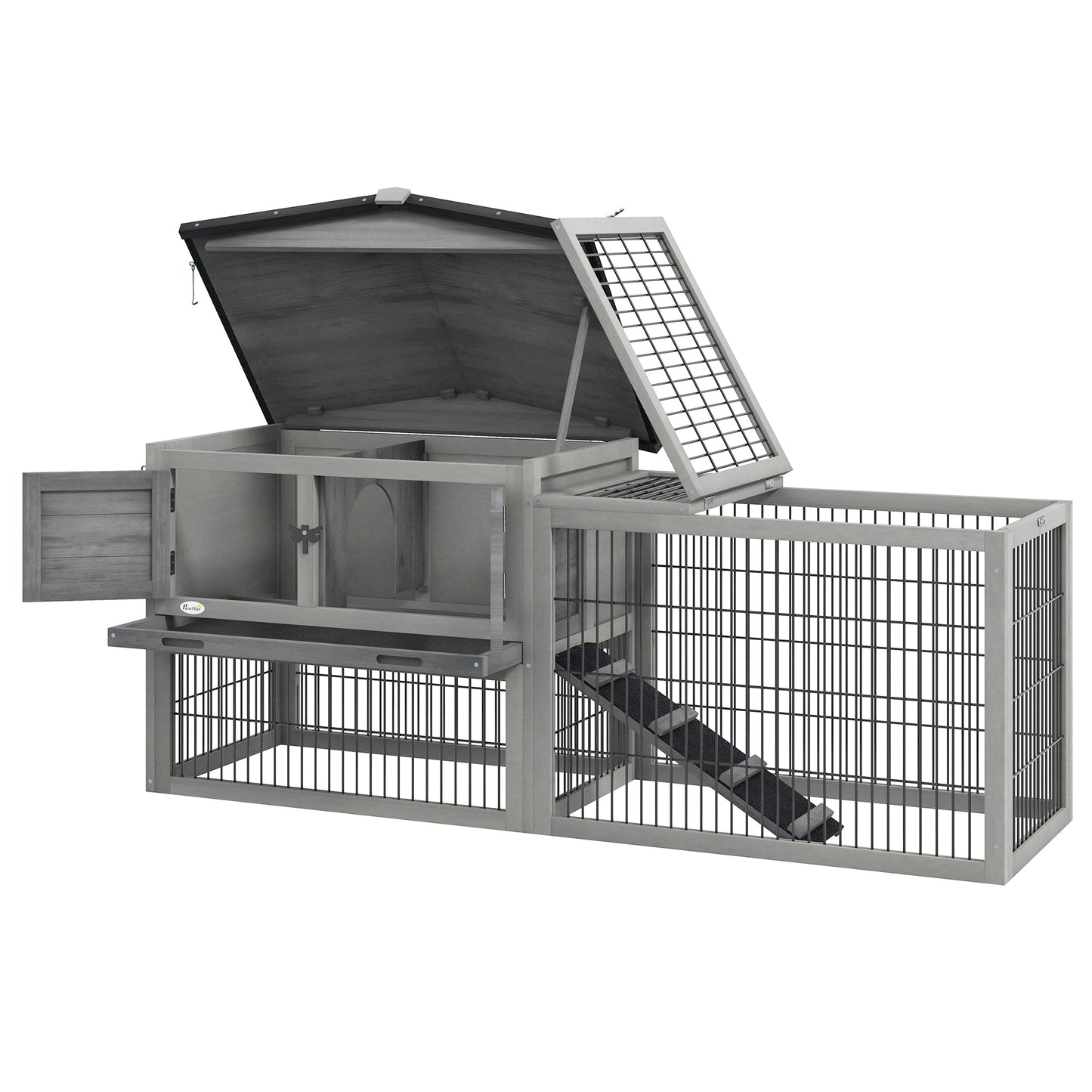 Rabbit Hutch Outdoor, Wooden Guinea Pig Hutch with Run, Openable Roof, Pull-Out Tray, Ramp for 1-2 Rabbits, 150 x 52.5 x 68 cm, Grey