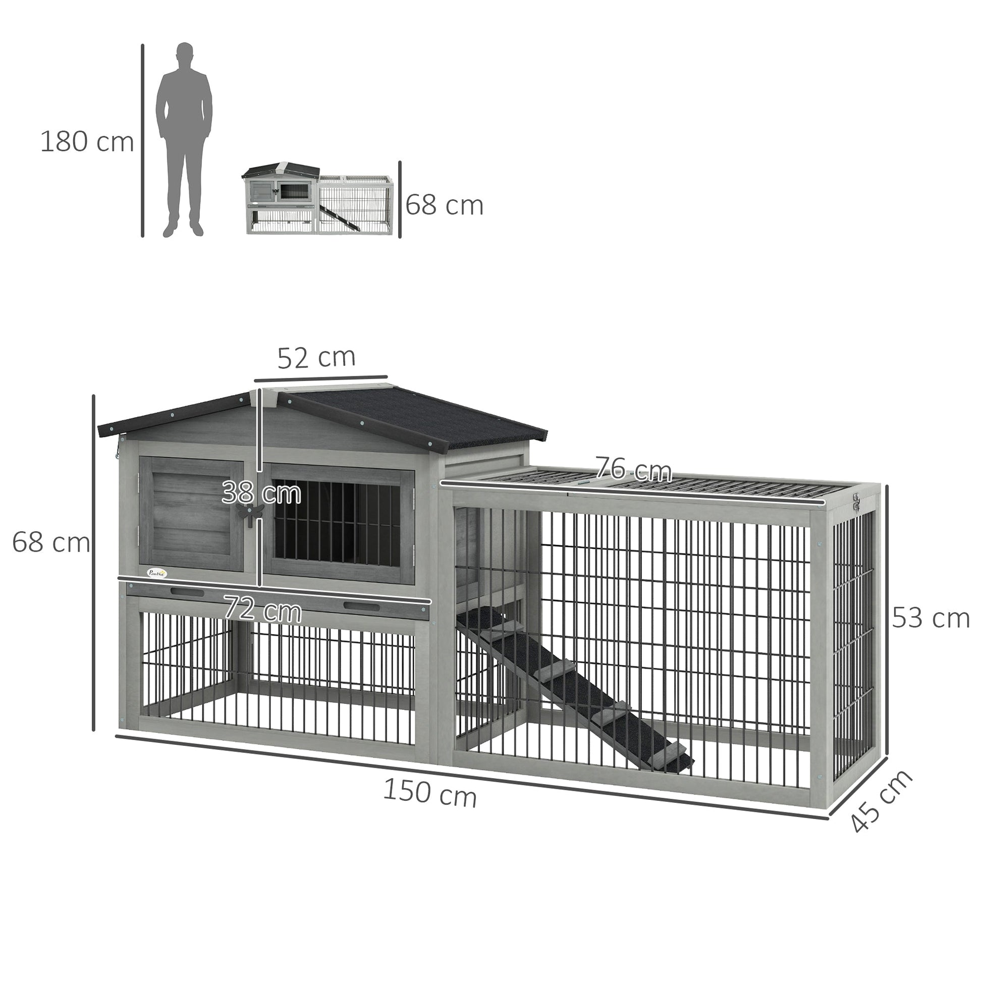 Rabbit Hutch Outdoor, Wooden Guinea Pig Hutch with Run, Openable Roof, Pull-Out Tray, Ramp for 1-2 Rabbits, 150 x 52.5 x 68 cm, Grey