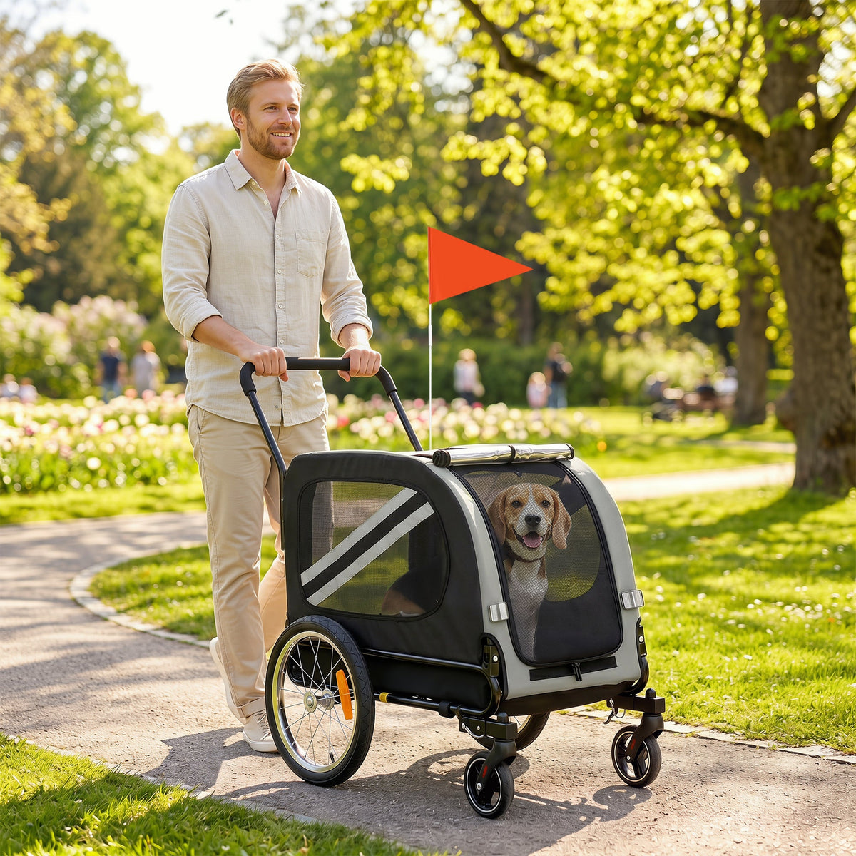 Dog Bike Trailer, 2 in 1 Foldable Pet Stroller Security Harness, Reflectors, Quick Release Wheels, Flag, for Medium Dogs, Grey