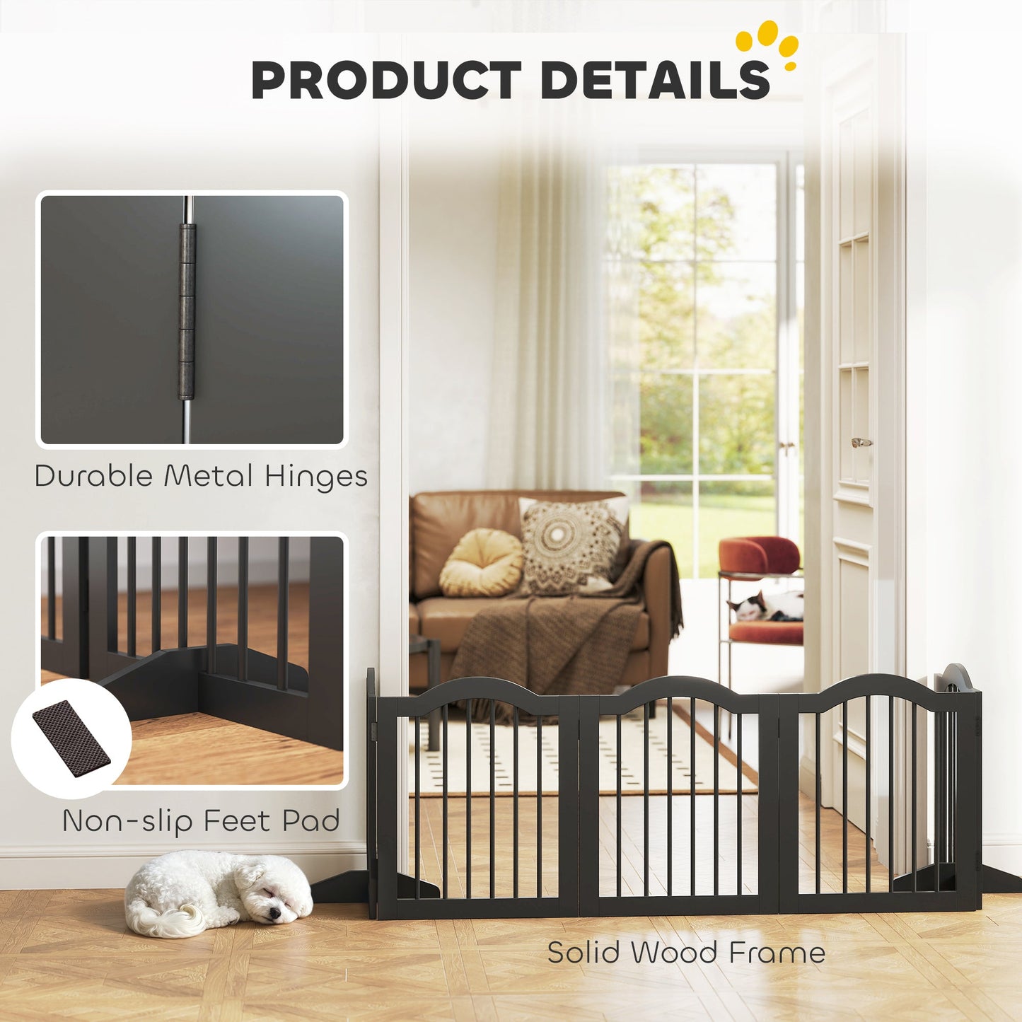Wooden Foldable Dog Gate Panel Pet Fence Freestanding Safety Barrier for the House, Doorway, Stairs (Black)