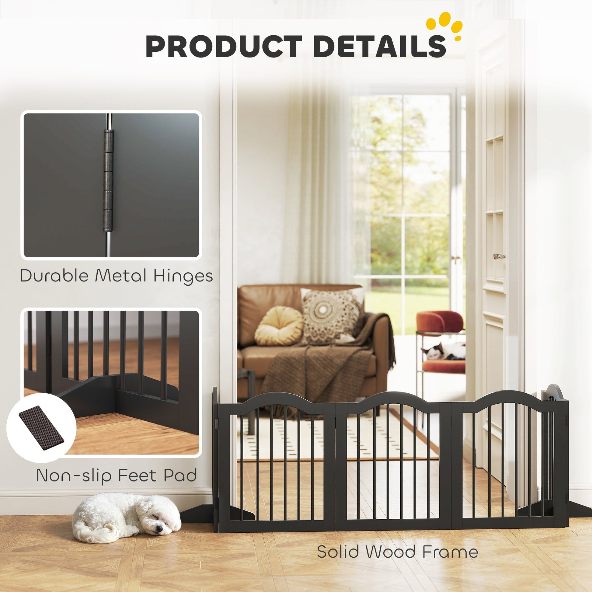 Wooden Foldable Dog Gate Panel Pet Fence Freestanding Safety Barrier for the House, Doorway, Stairs (Black)