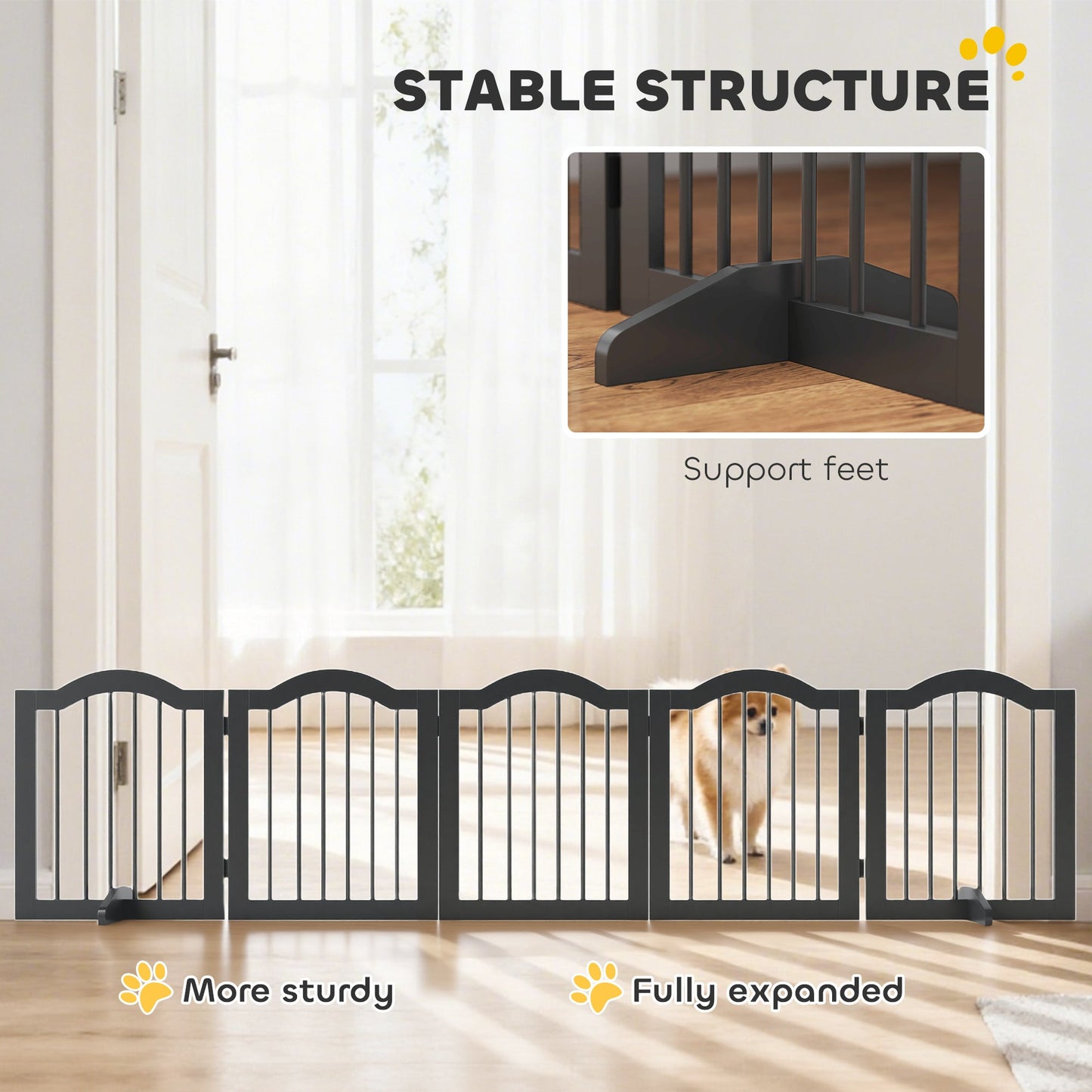 Wooden Foldable Dog Gate Panel Pet Fence Freestanding Safety Barrier for the House, Doorway, Stairs (Black)