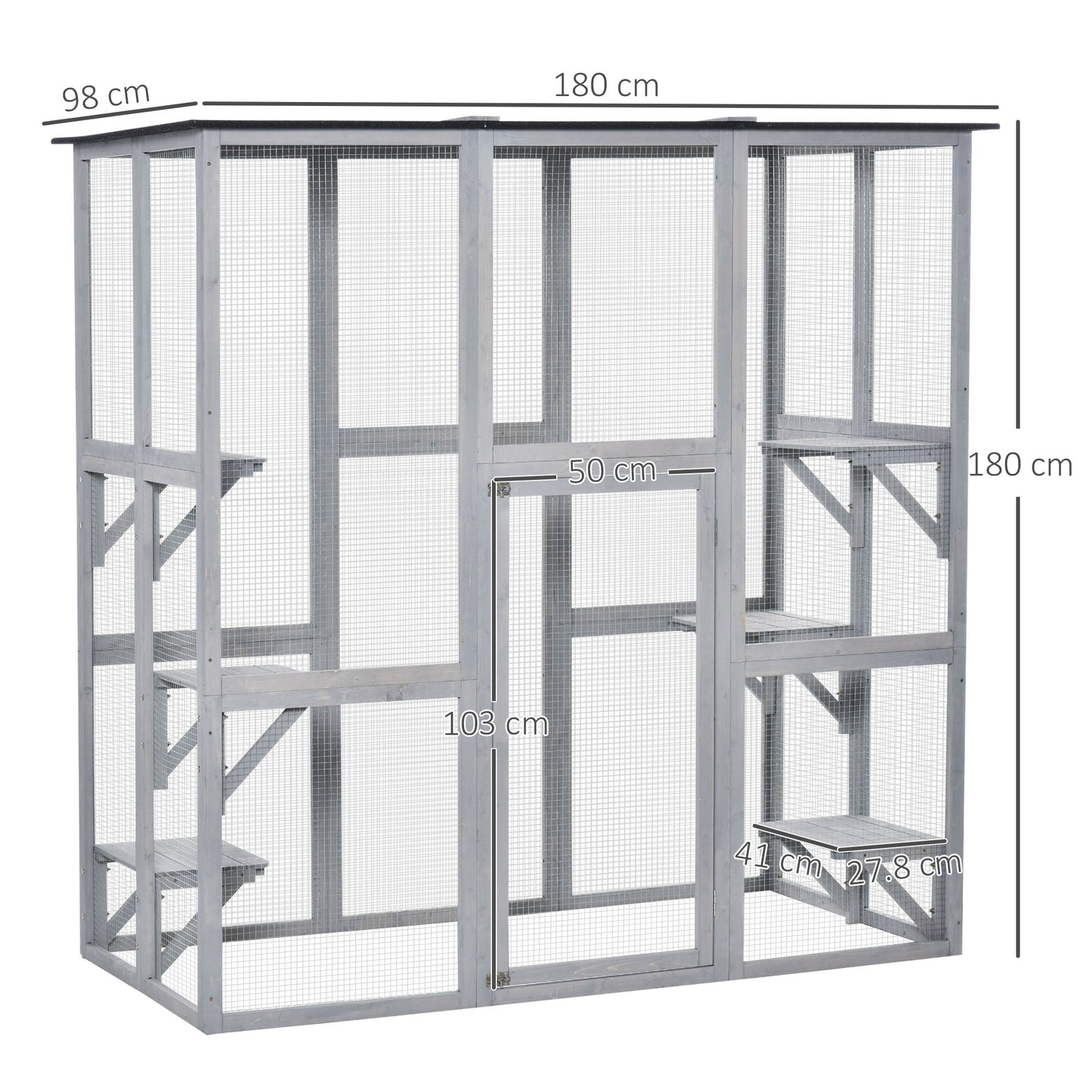 Large Outdoor Cat House, Walk-in Cat Enclosure, Wooden Catio with 6 Jumping Platforms, Waterproof Asphalt Roof
