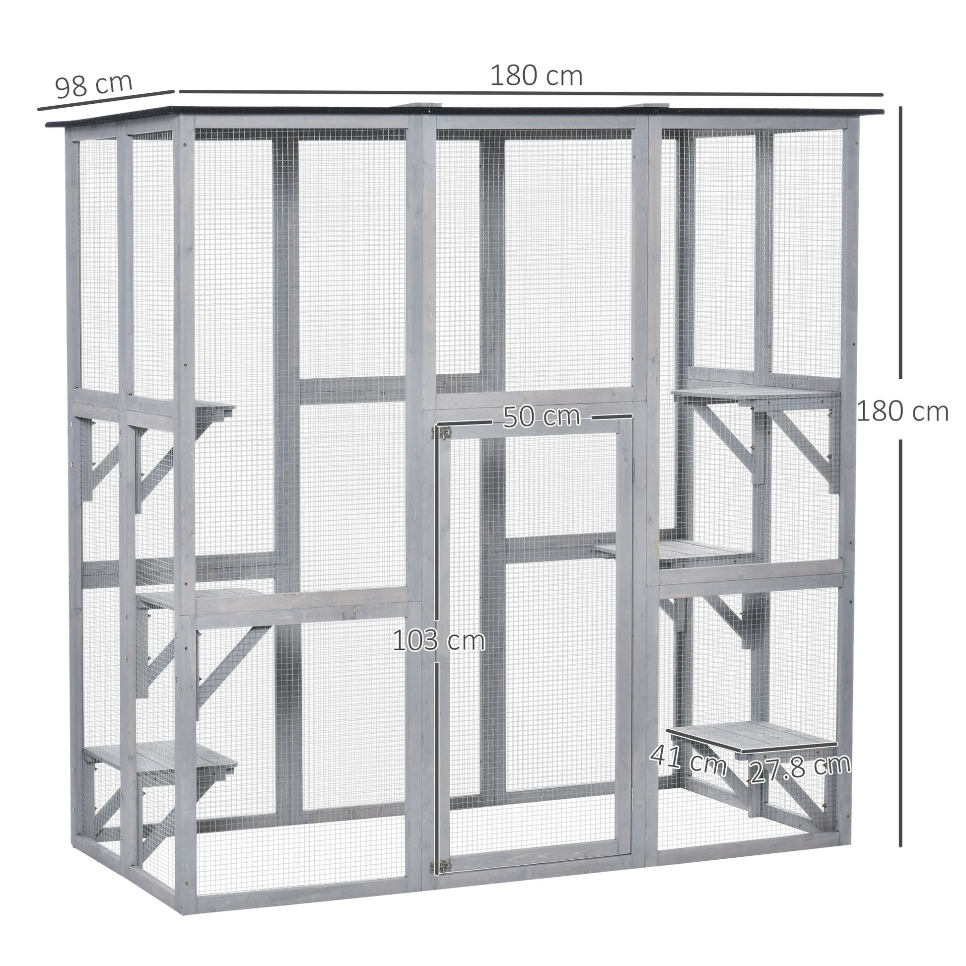 Large Outdoor Cat House, Walk-in Cat Enclosure, Wooden Catio with 6 Jumping Platforms, Waterproof Asphalt Roof