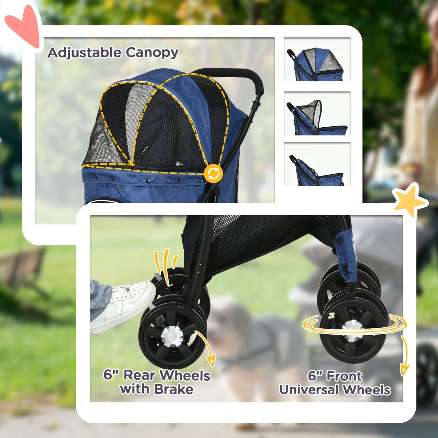 Dog Pram Dog Stroller Pet Pushchair with Universal Wheels, Brake for Small Breeds - Blue