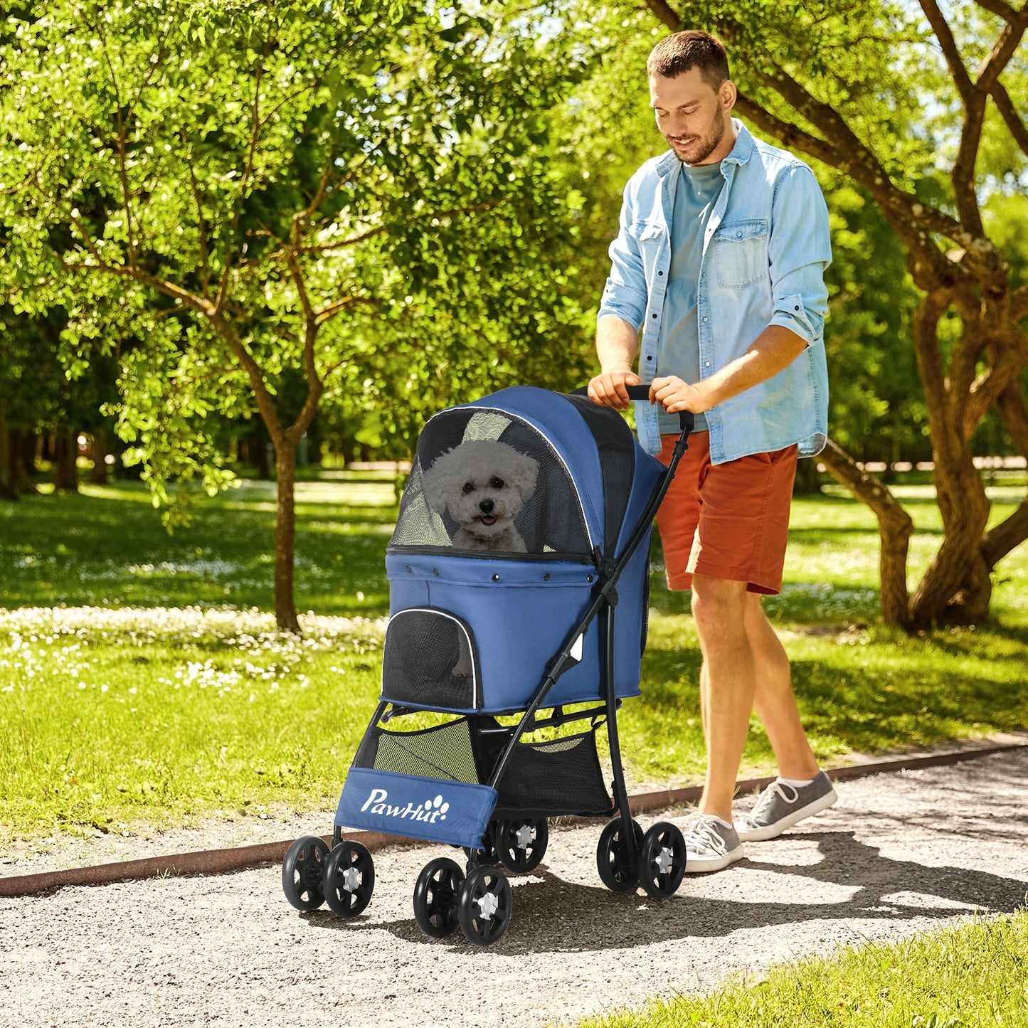 Dog Pram Dog Stroller Pet Pushchair with Universal Wheels, Brake for Small Breeds - Blue