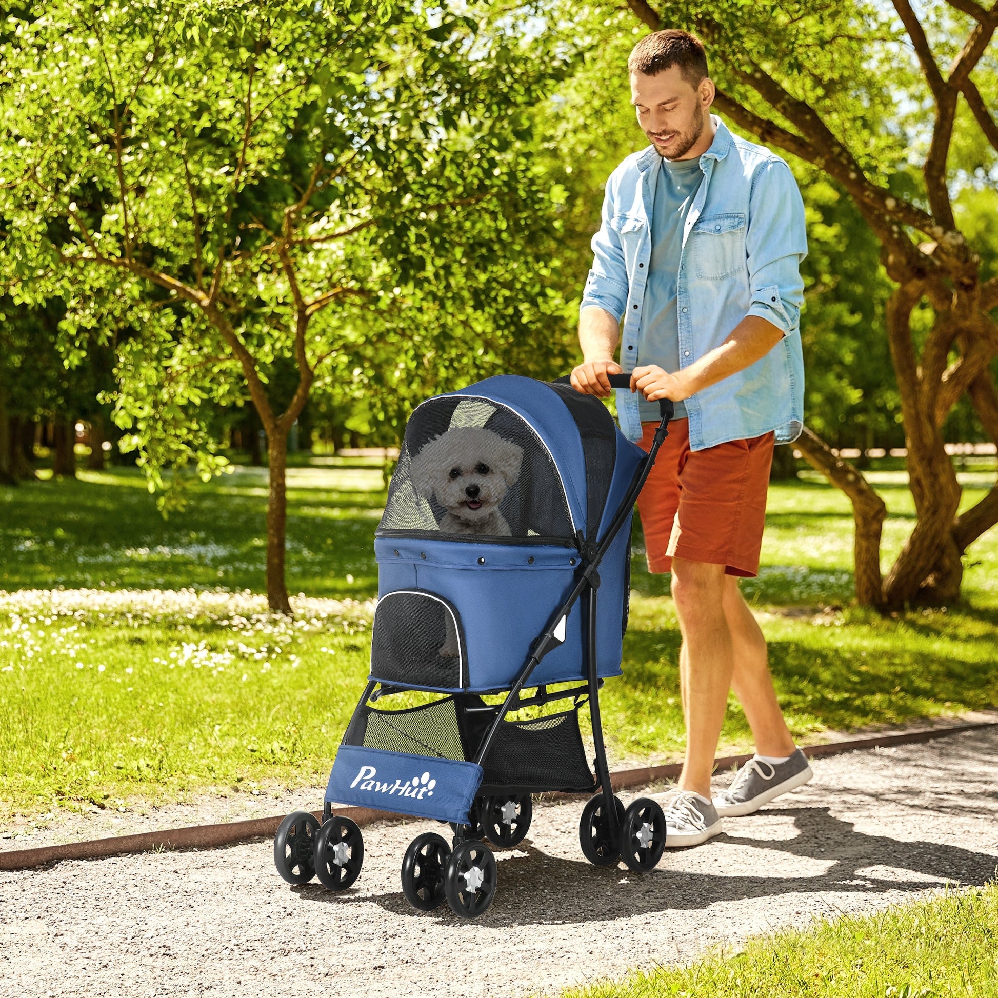 Dog Pram Dog Stroller Pet Pushchair with Universal Wheels, Brake for Small Breeds - Blue
