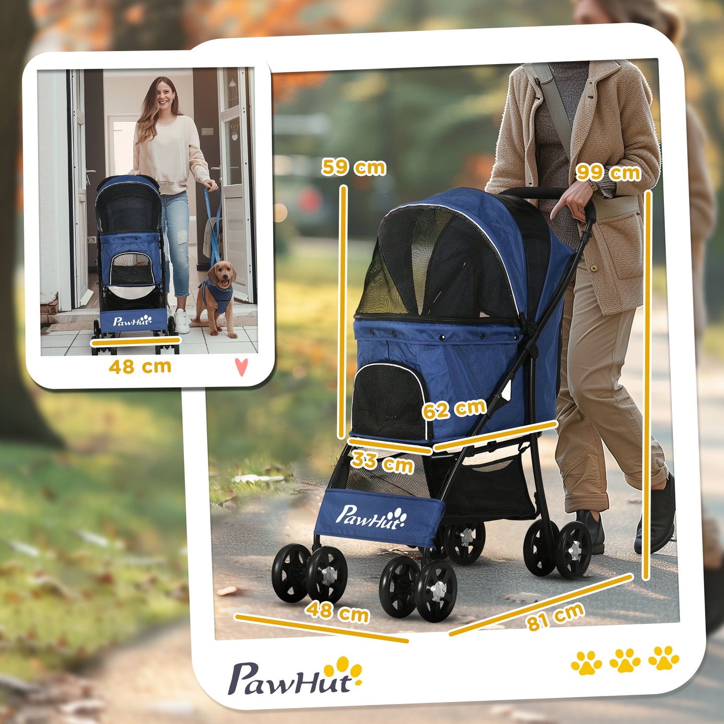 Dog Pram Dog Stroller Pet Pushchair with Universal Wheels, Brake for Small Breeds - Blue