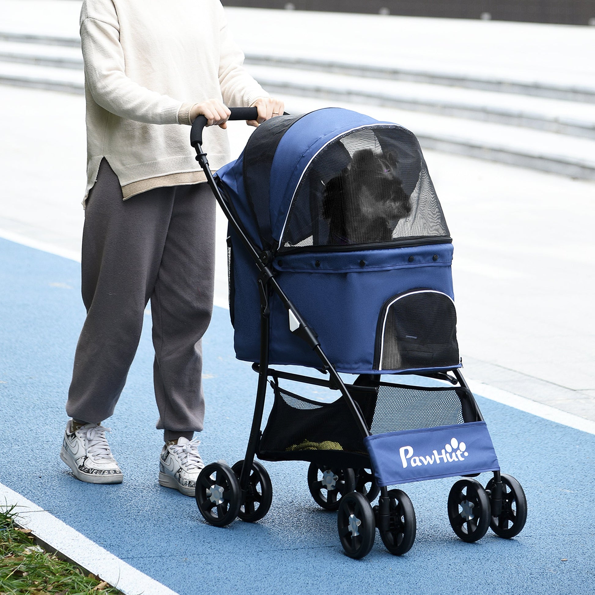 Dog Pram Dog Stroller Pet Pushchair with Universal Wheels, Brake for Small Breeds - Blue