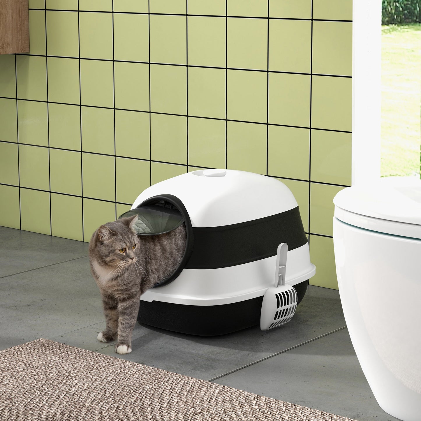 Foldable Cat Litter Box with Lid, Hooded Cat Litter Tray with High Sides, Air Freshener, Large Two-Way Entrance, Scoop, Black