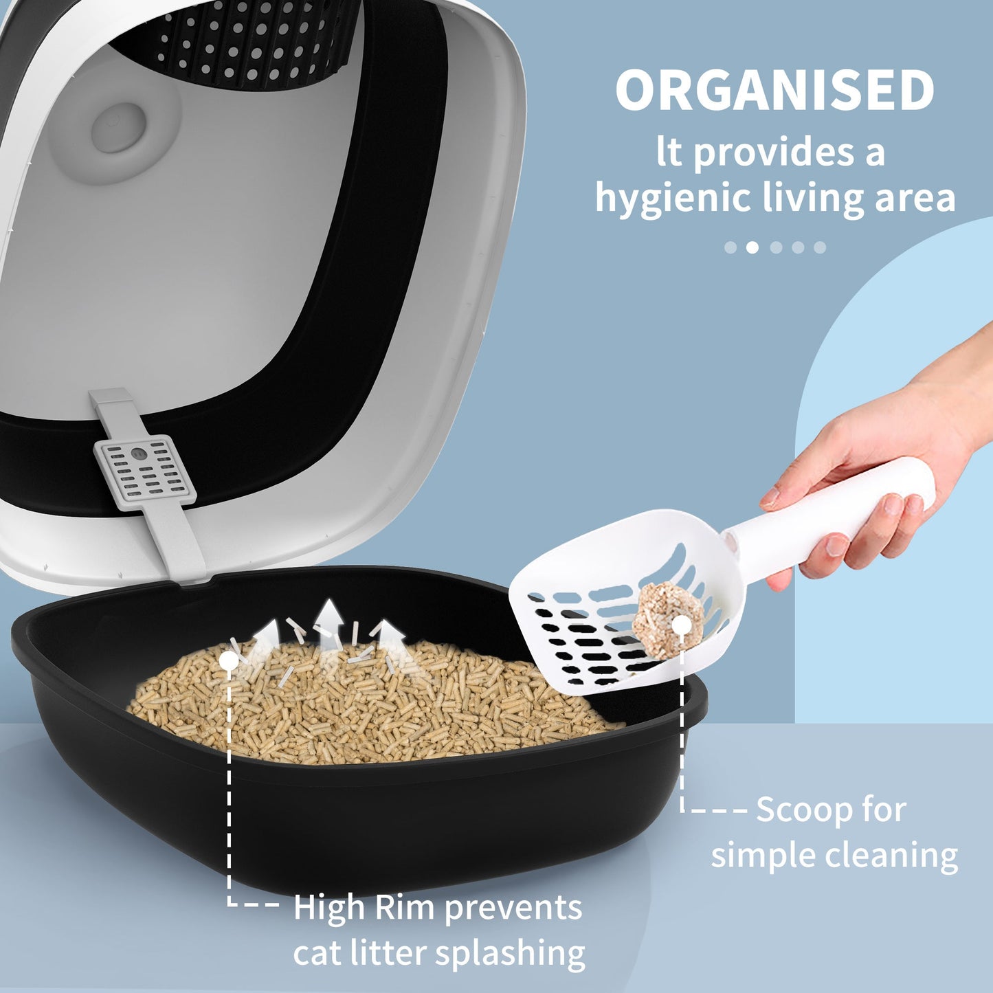 Foldable Cat Litter Box with Lid, Hooded Cat Litter Tray with High Sides, Air Freshener, Large Two-Way Entrance, Scoop, Black