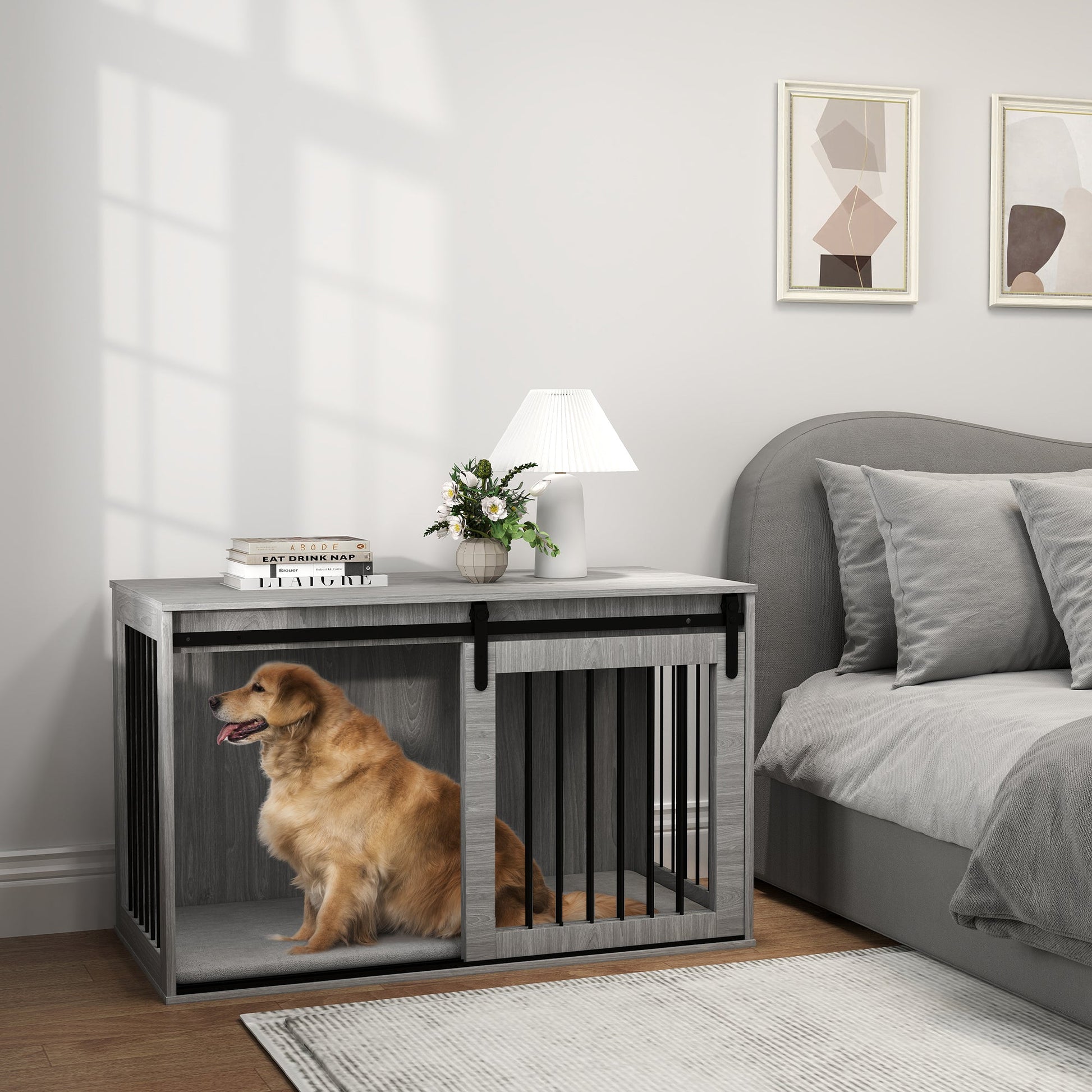 Dog Crate Furniture, Dog House Furniture Style for Extra Large Dogs, Dog Kennel with Removable Cushion for Indoor Use, 118 x 60 x 73 cm, Grey