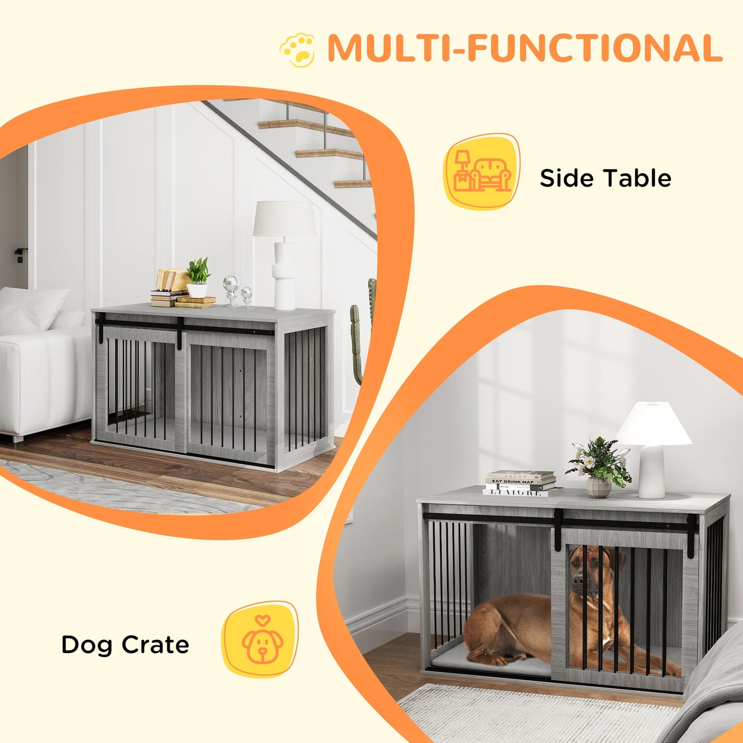 Dog Crate Furniture, Dog House Furniture Style for Extra Large Dogs, Dog Kennel with Removable Cushion for Indoor Use, 118 x 60 x 73 cm, Grey