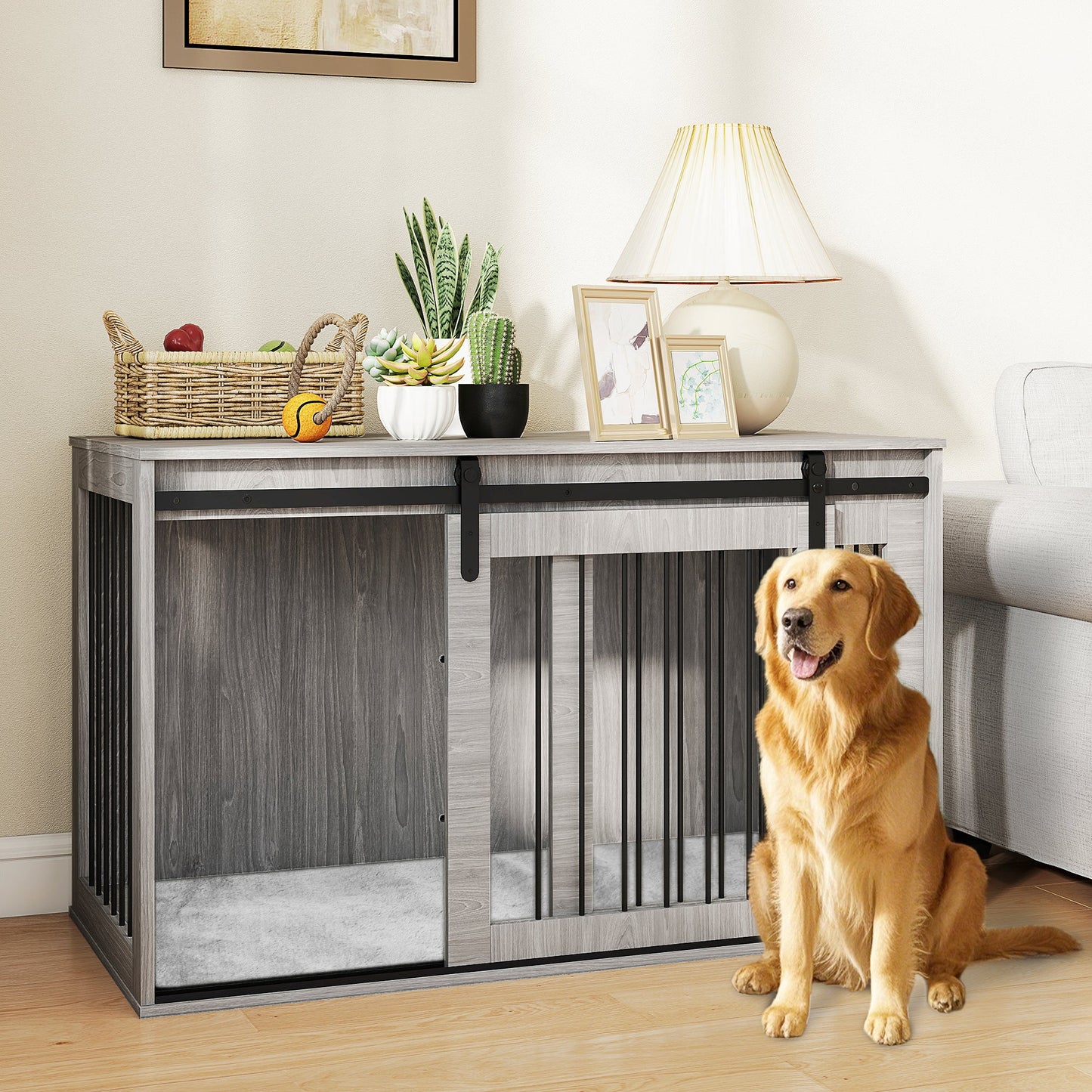 Dog Crate Furniture, Dog House Furniture Style for Extra Large Dogs, Dog Kennel with Removable Cushion for Indoor Use, 118 x 60 x 73 cm, Grey