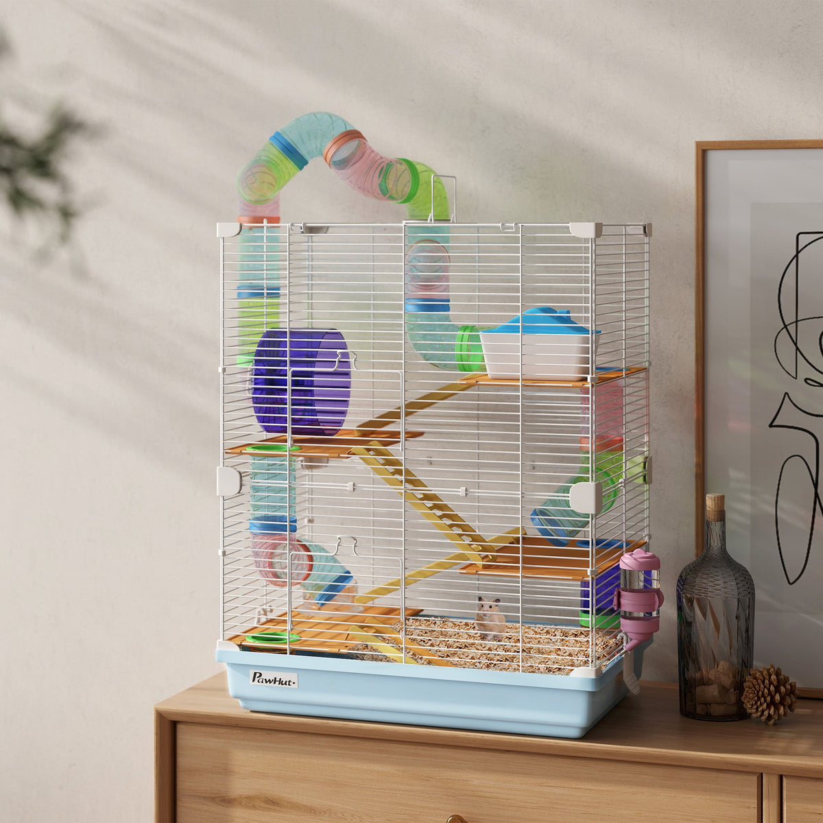 5 Tier Hamster Cage, Gerbil Cage with Tube Exercise Wheels, Tunnel, Water Bottle, Dishes, 58H x 46L x 30Wcm, Light Blue
