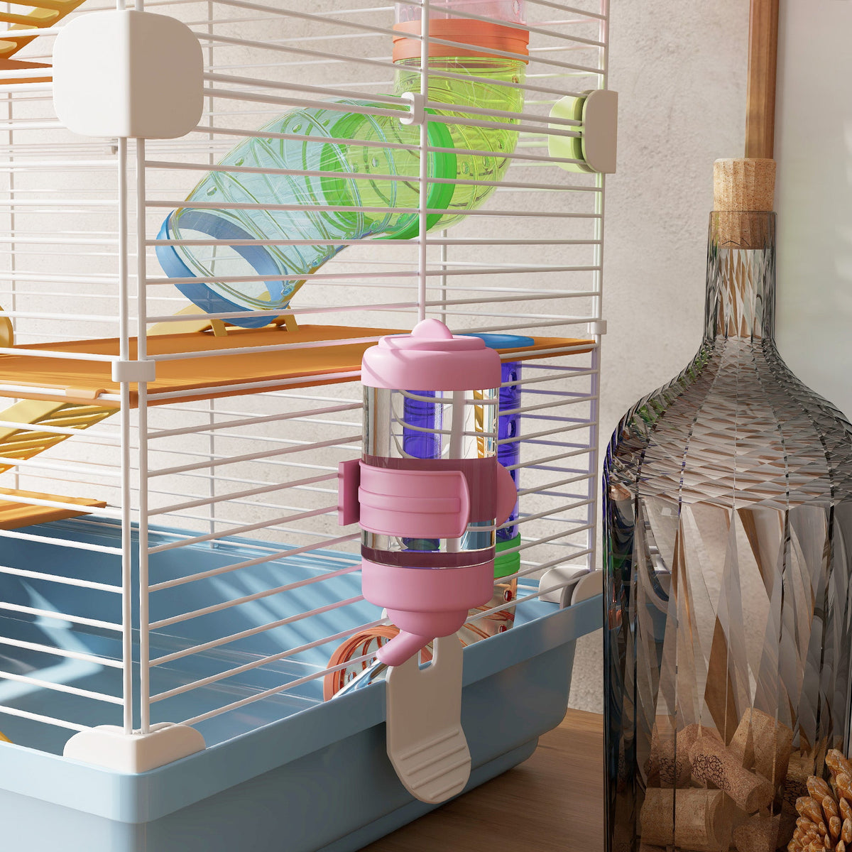 5 Tier Hamster Cage, Gerbil Cage with Tube Exercise Wheels, Tunnel, Water Bottle, Dishes, 58H x 46L x 30Wcm, Light Blue