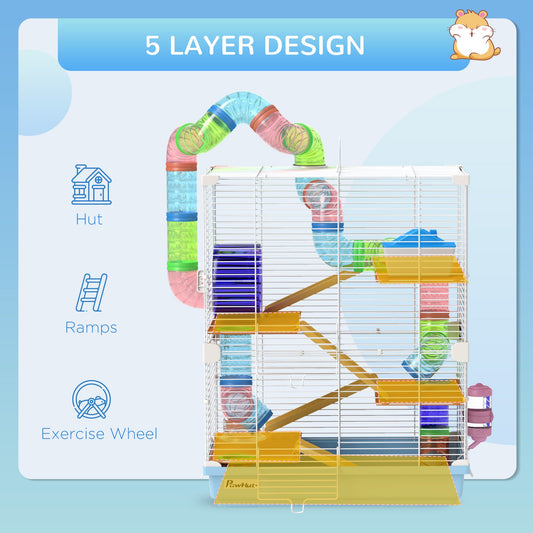5 Tier Hamster Cage, Gerbil Cage with Tube Exercise Wheels, Tunnel, Water Bottle, Dishes, 58H x 46L x 30Wcm, Light Blue