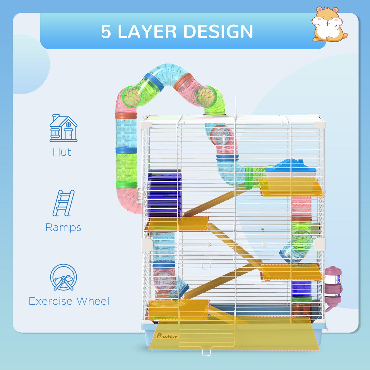 5 Tier Hamster Cage, Gerbil Cage with Tube Exercise Wheels, Tunnel, Water Bottle, Dishes, 58H x 46L x 30Wcm, Light Blue