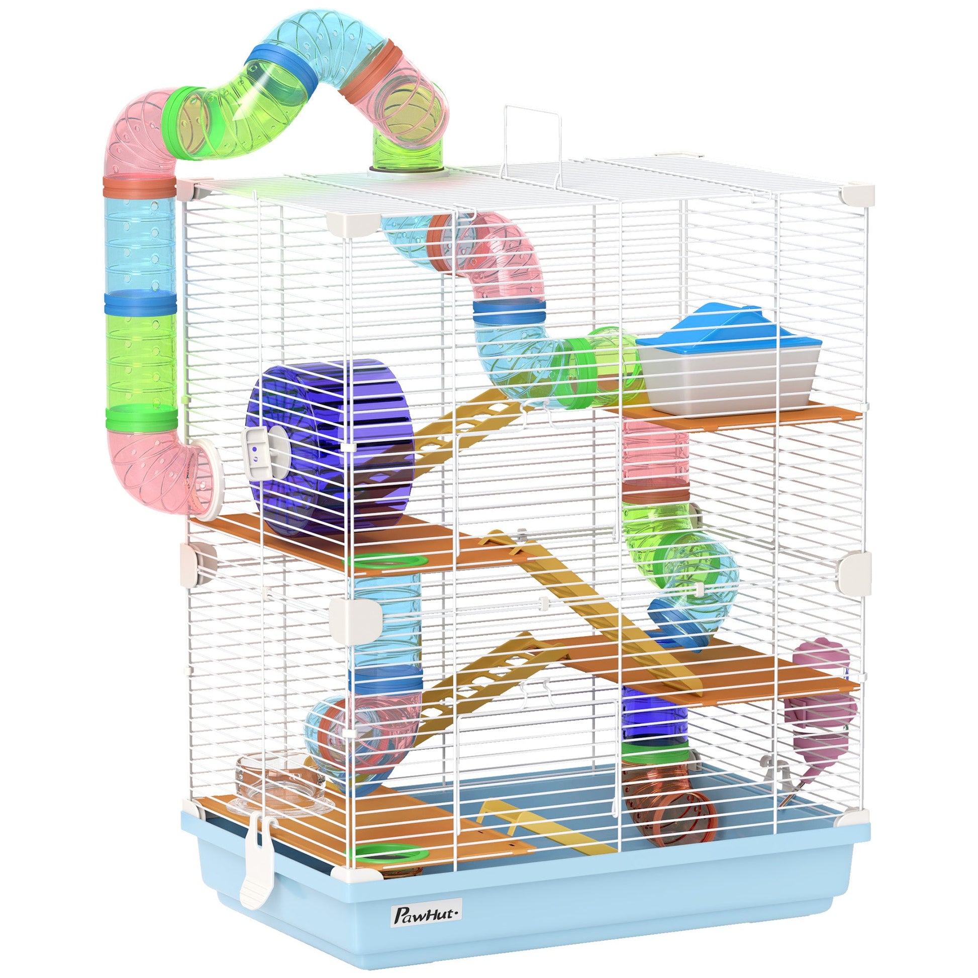 5 Tier Hamster Cage, Gerbil Cage with Tube Exercise Wheels, Tunnel, Water Bottle, Dishes, 58H x 46L x 30Wcm, Light Blue