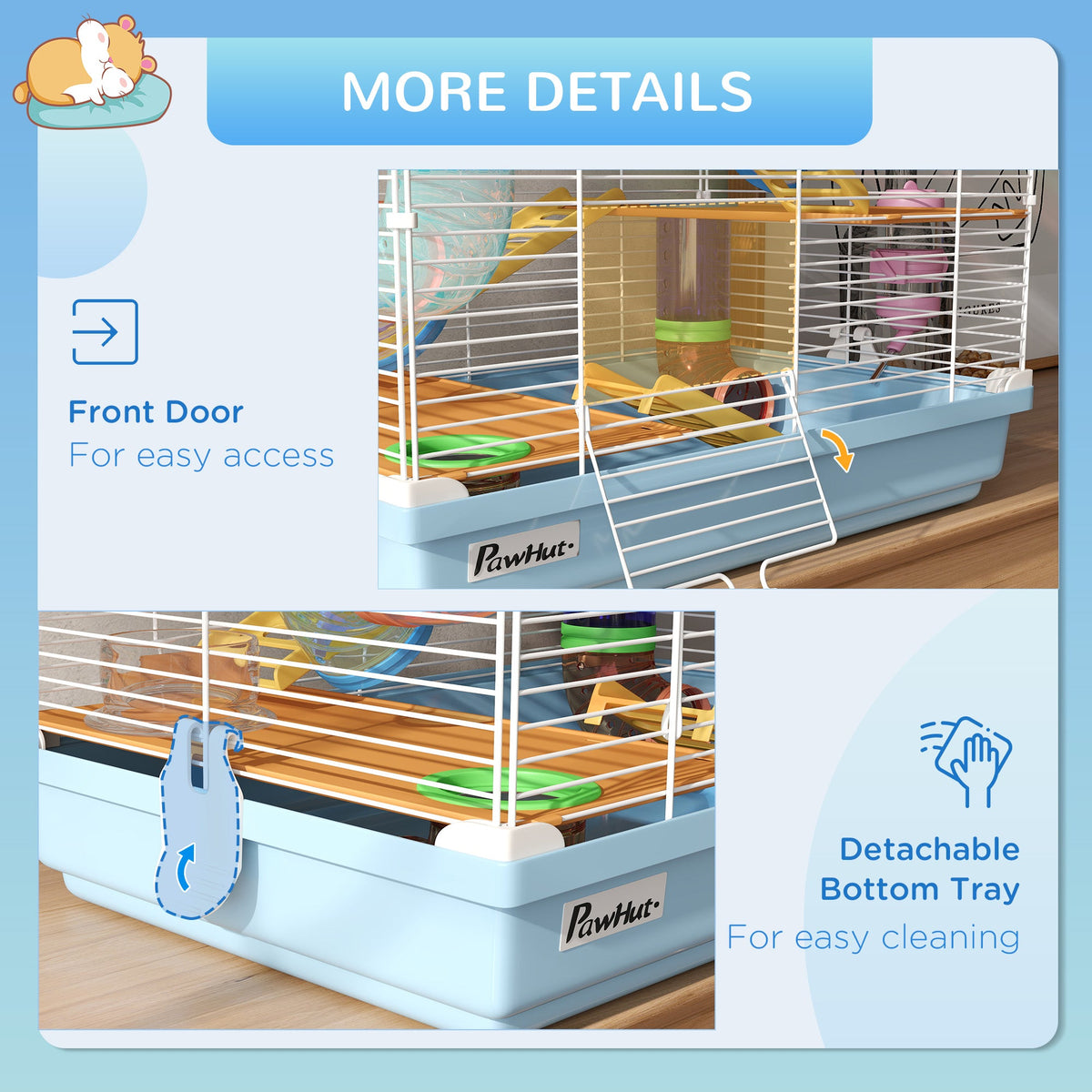 5 Tier Hamster Cage, Gerbil Cage with Tube Exercise Wheels, Tunnel, Water Bottle, Dishes, 58H x 46L x 30Wcm, Light Blue