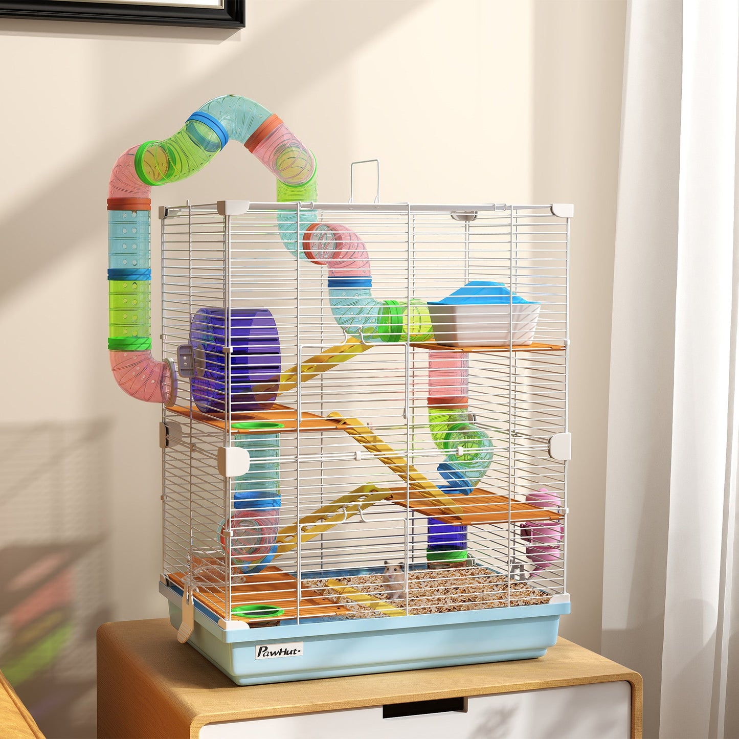 5 Tier Hamster Cage, Gerbil Cage with Tube Exercise Wheels, Tunnel, Water Bottle, Dishes, 58H x 46L x 30Wcm, Light Blue