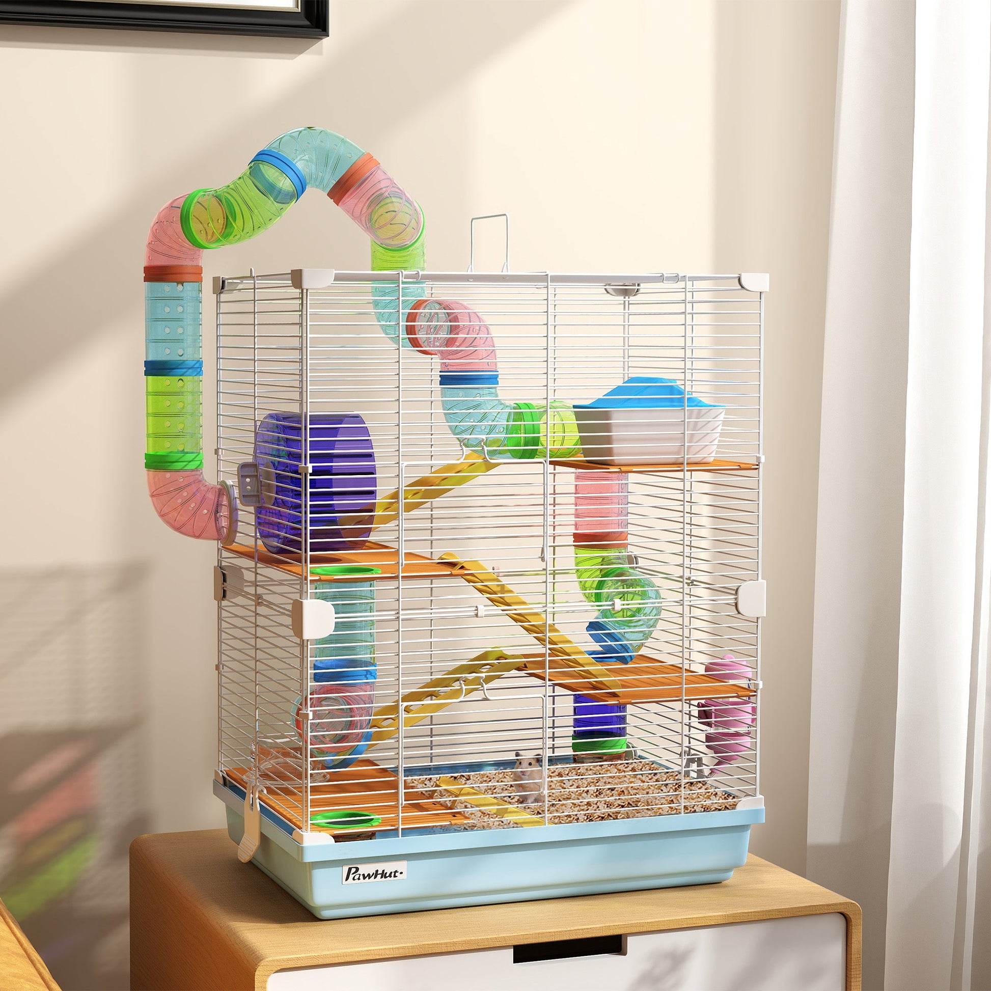 5 Tier Hamster Cage, Gerbil Cage with Tube Exercise Wheels, Tunnel, Water Bottle, Dishes, 58H x 46L x 30Wcm, Light Blue