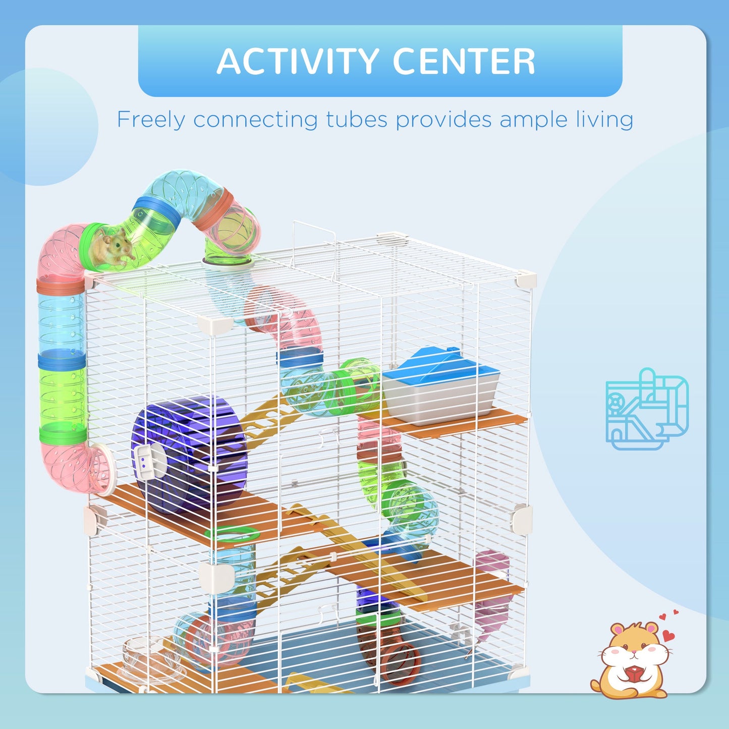 5 Tier Hamster Cage, Gerbil Cage with Tube Exercise Wheels, Tunnel, Water Bottle, Dishes, 58H x 46L x 30Wcm, Light Blue