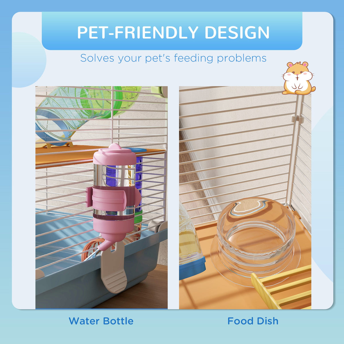 5 Tier Hamster Cage, Gerbil Cage with Tube Exercise Wheels, Tunnel, Water Bottle, Dishes, 58H x 46L x 30Wcm, Light Blue