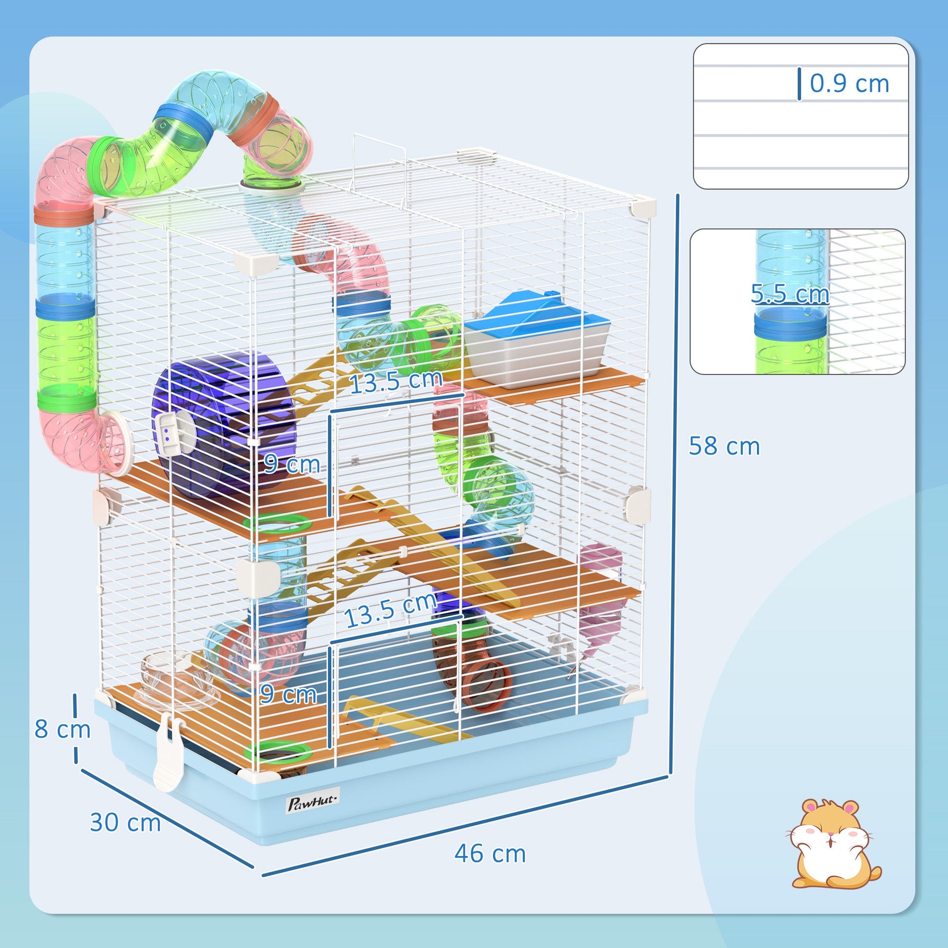 5 Tier Hamster Cage, Gerbil Cage with Tube Exercise Wheels, Tunnel, Water Bottle, Dishes, 58H x 46L x 30Wcm, Light Blue
