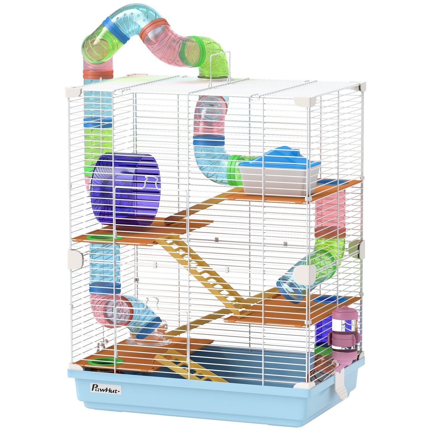 5 Tier Hamster Cage, Gerbil Cage with Tube Exercise Wheels, Tunnel, Water Bottle, Dishes, 58H x 46L x 30Wcm, Light Blue